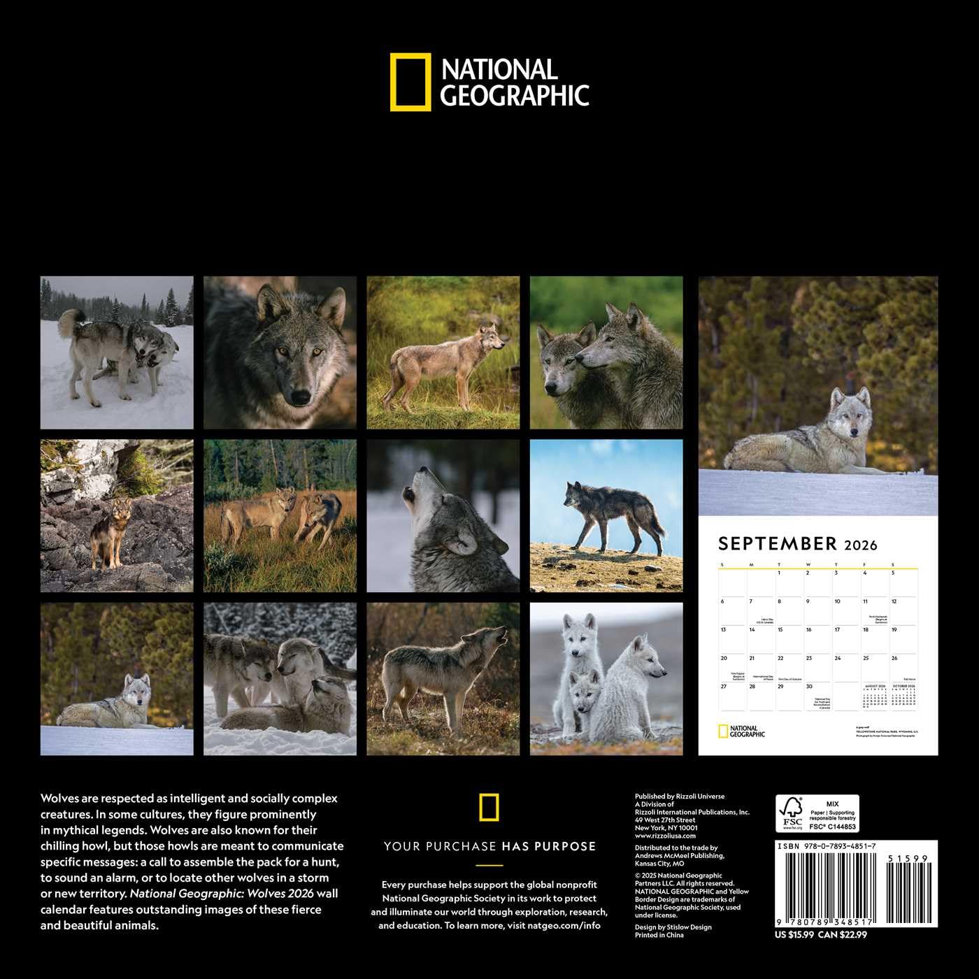 2026 Wolves: National Geographic - Square Wall Calendar
