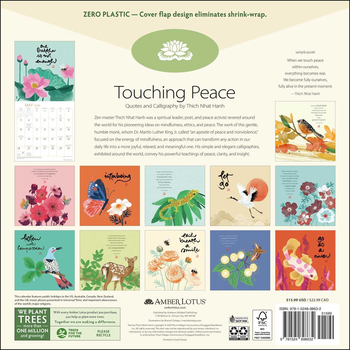 2026 Touching Peace: Thich Nhat Hanh - Square Wall Calendar