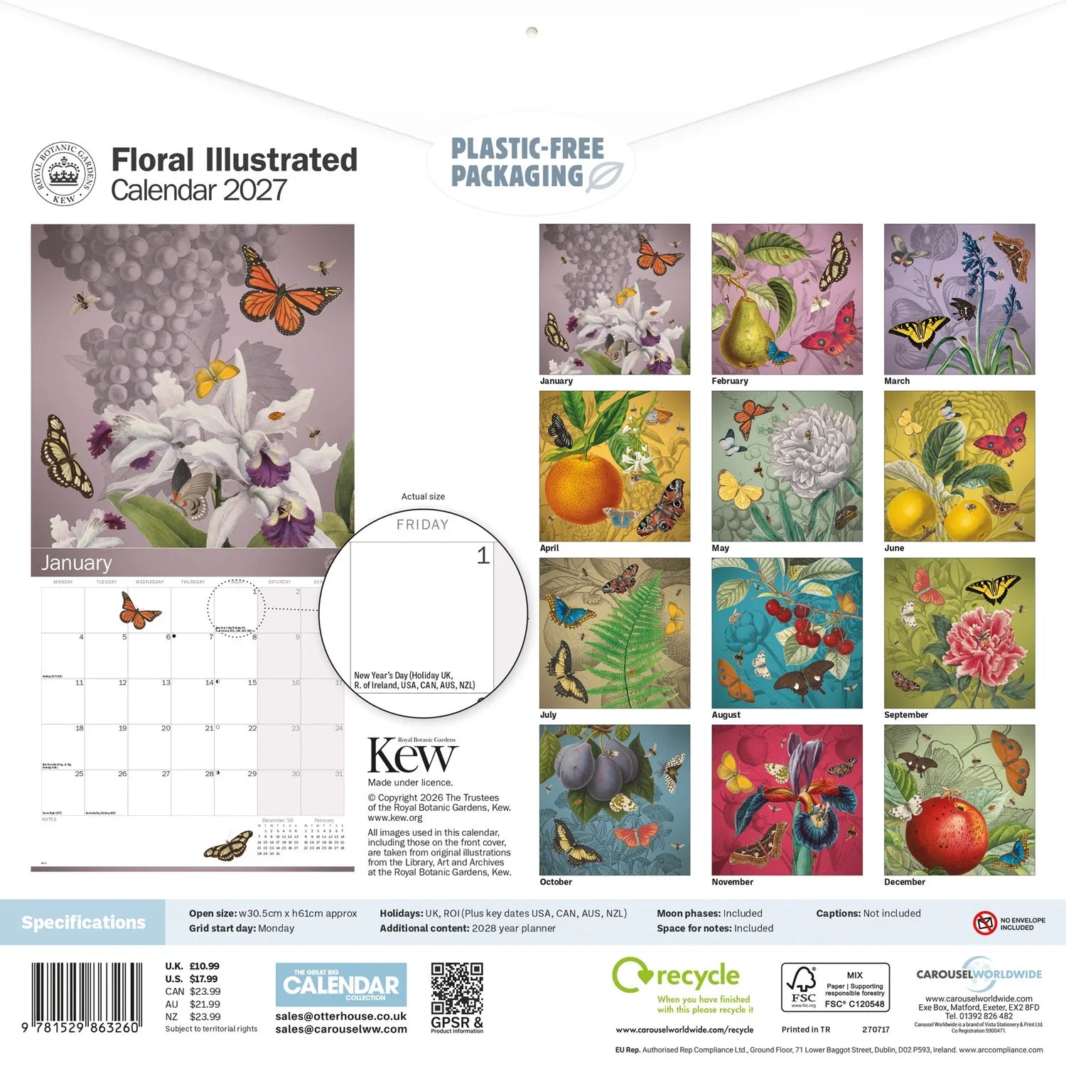 2027 Royal Botanic Gardens Kew Floral Illustrated - Square Wall Calendar