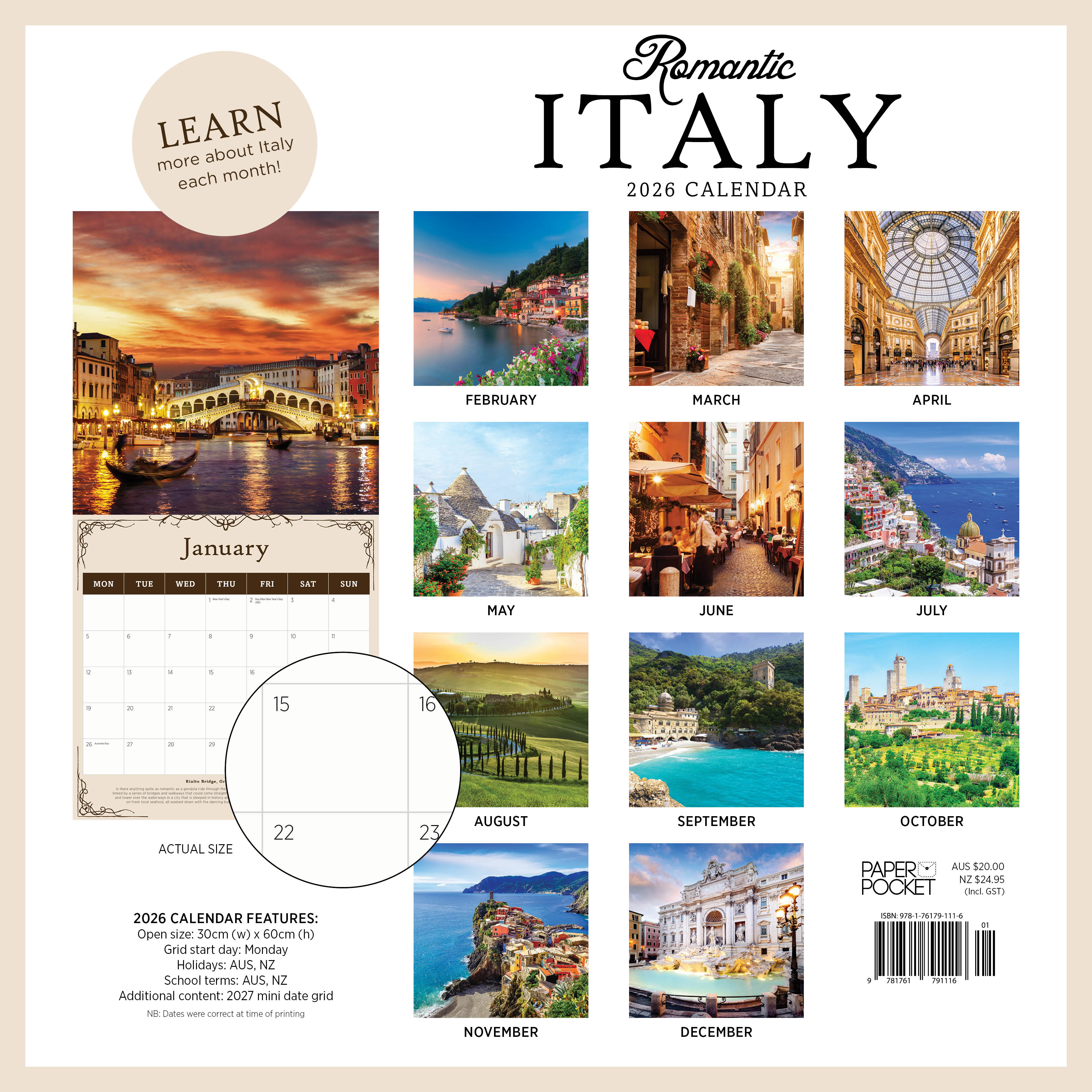 2026 Romantic Italy - Square Wall Calendar