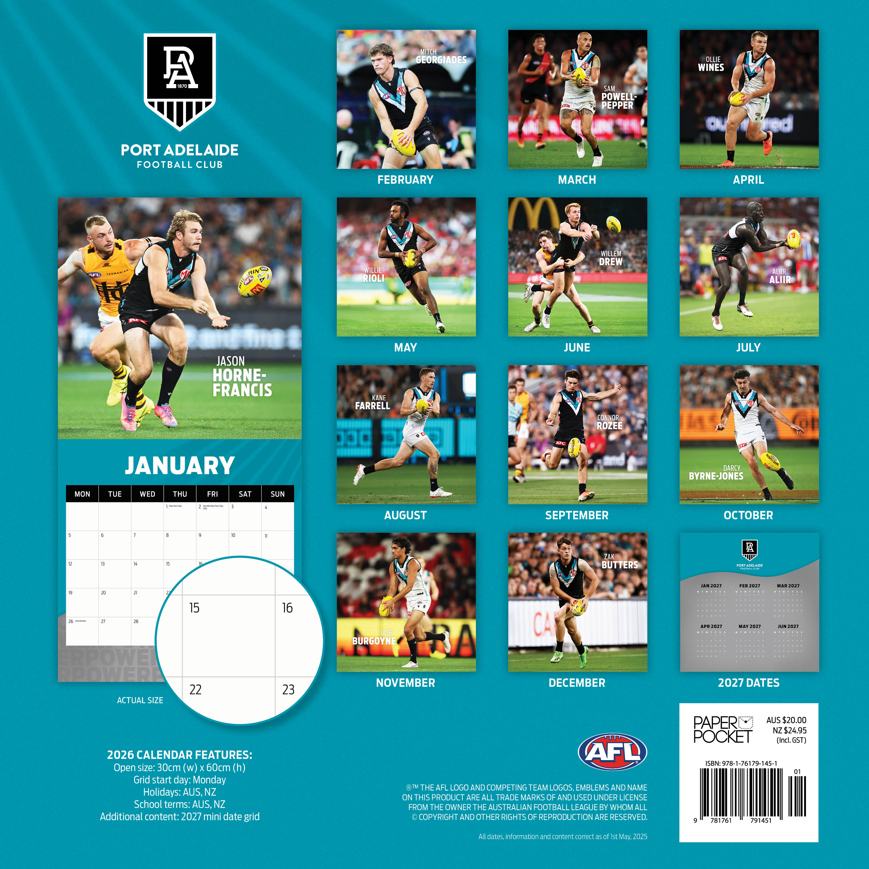 2026 AFL Port Adelaide Power - Square Wall Calendar