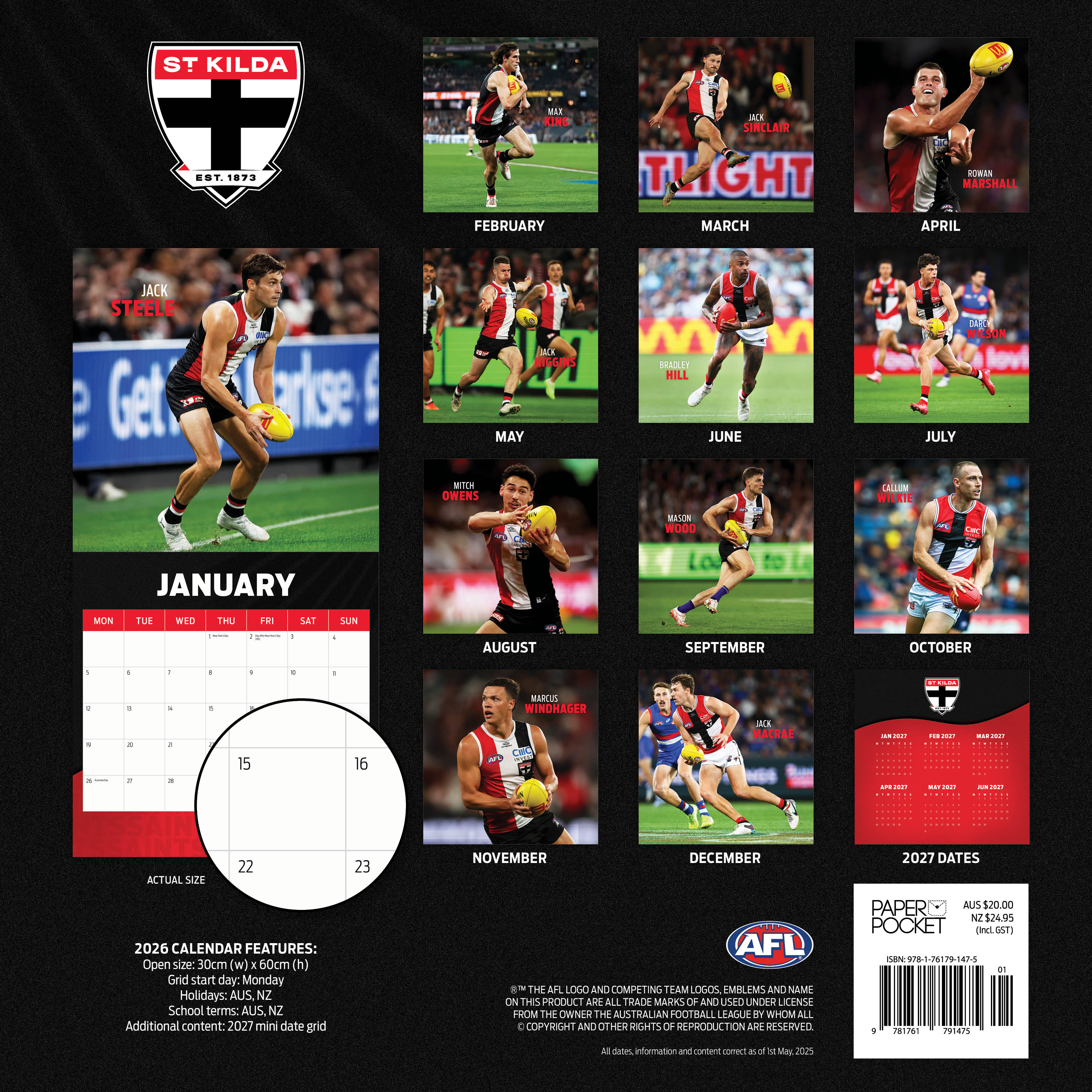 2026 AFL St Kilda Saints - Square Wall Calendar
