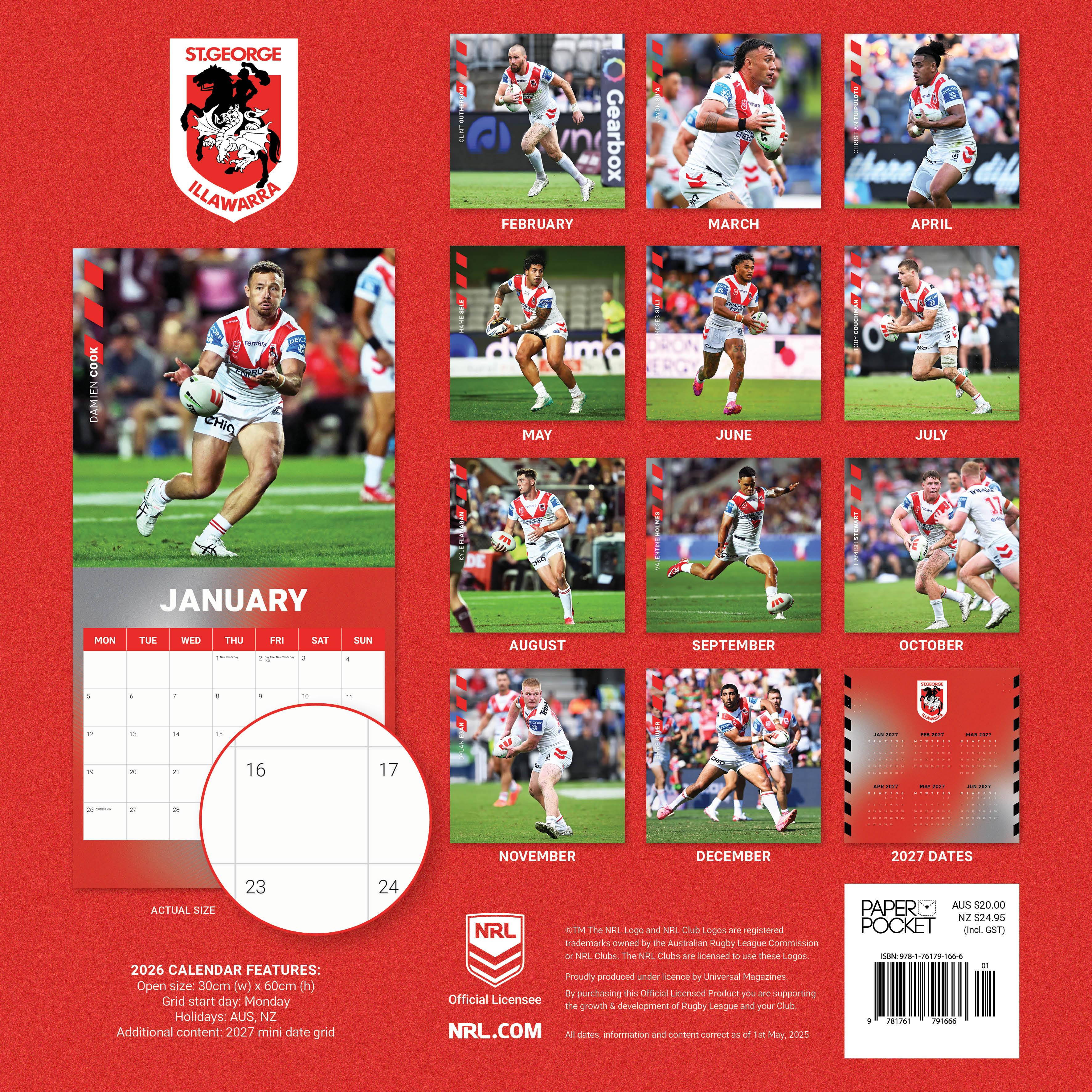 2026 NRL St George Illawarra Dragons - Square Wall Calendar