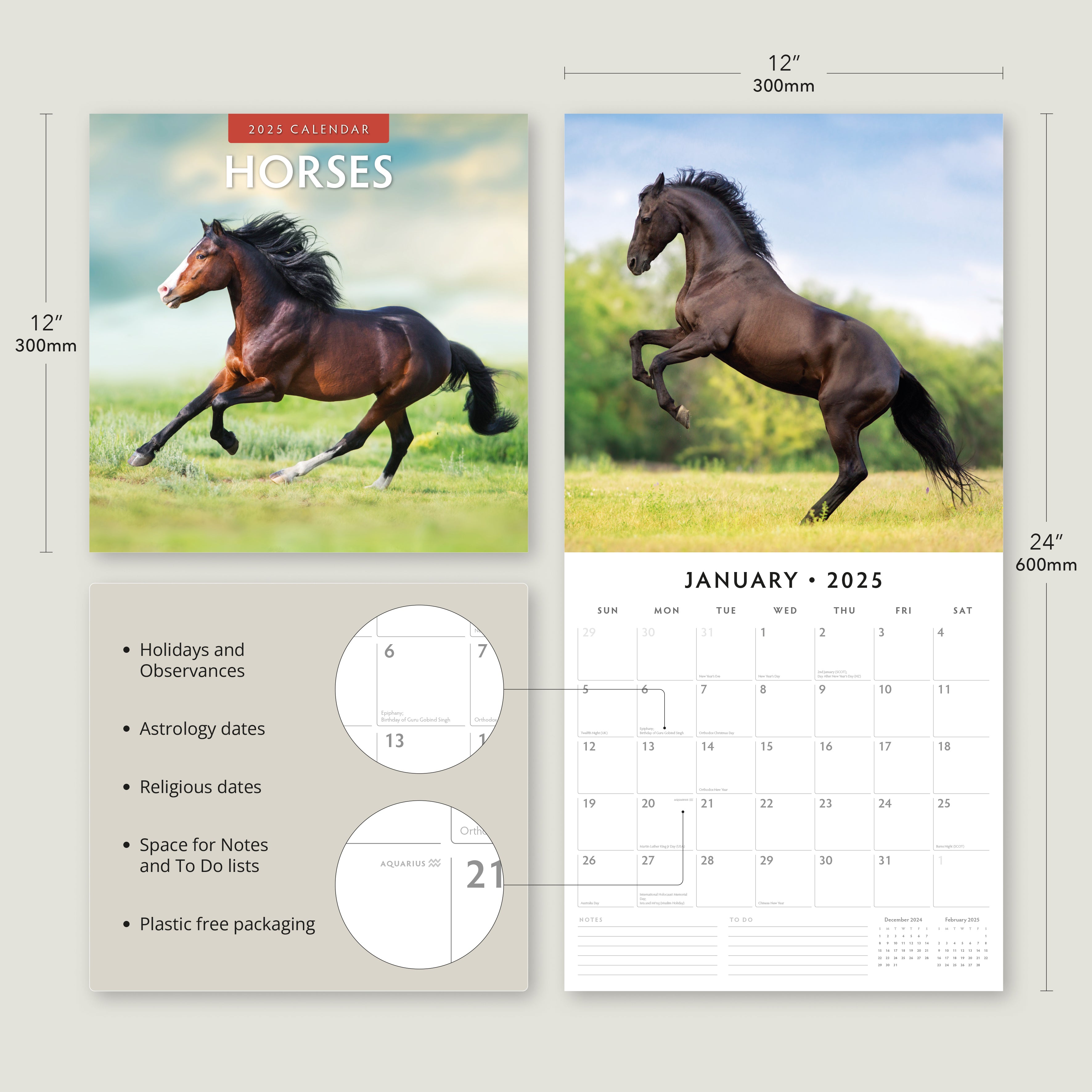 2025 Horses - Square Wall Calendar