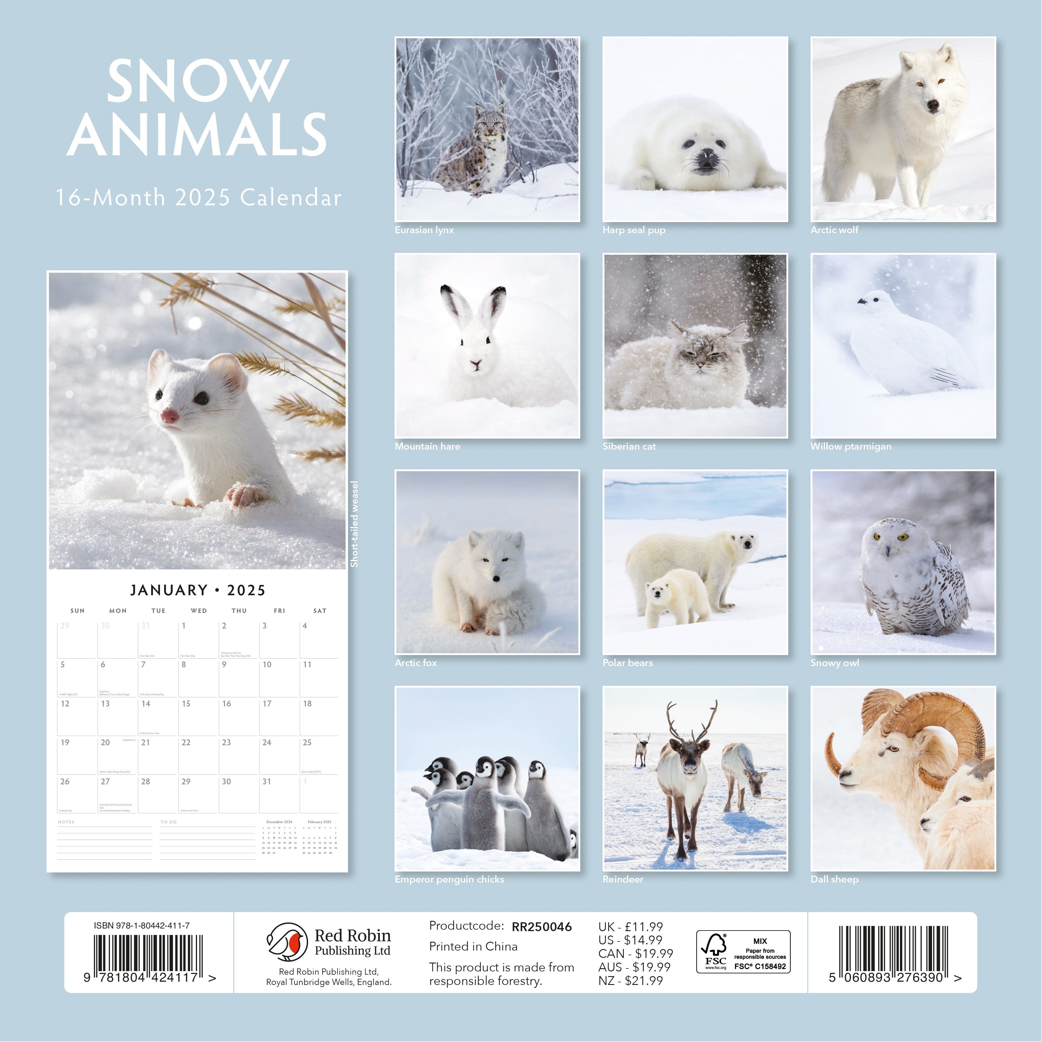 2025 Snow Animals - Square Wall Calendar