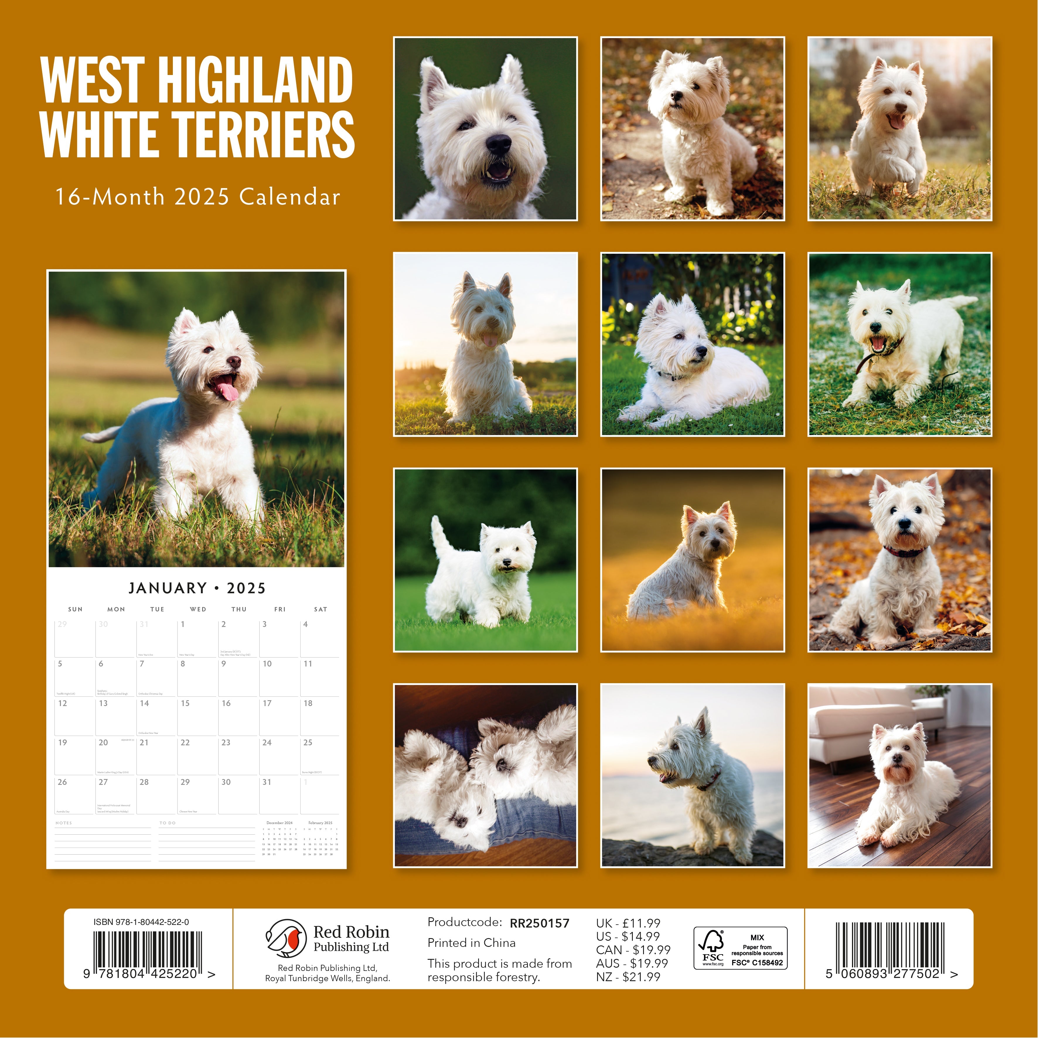 2025 West Highland White Terriers (Westies) - Square Wall Calendar