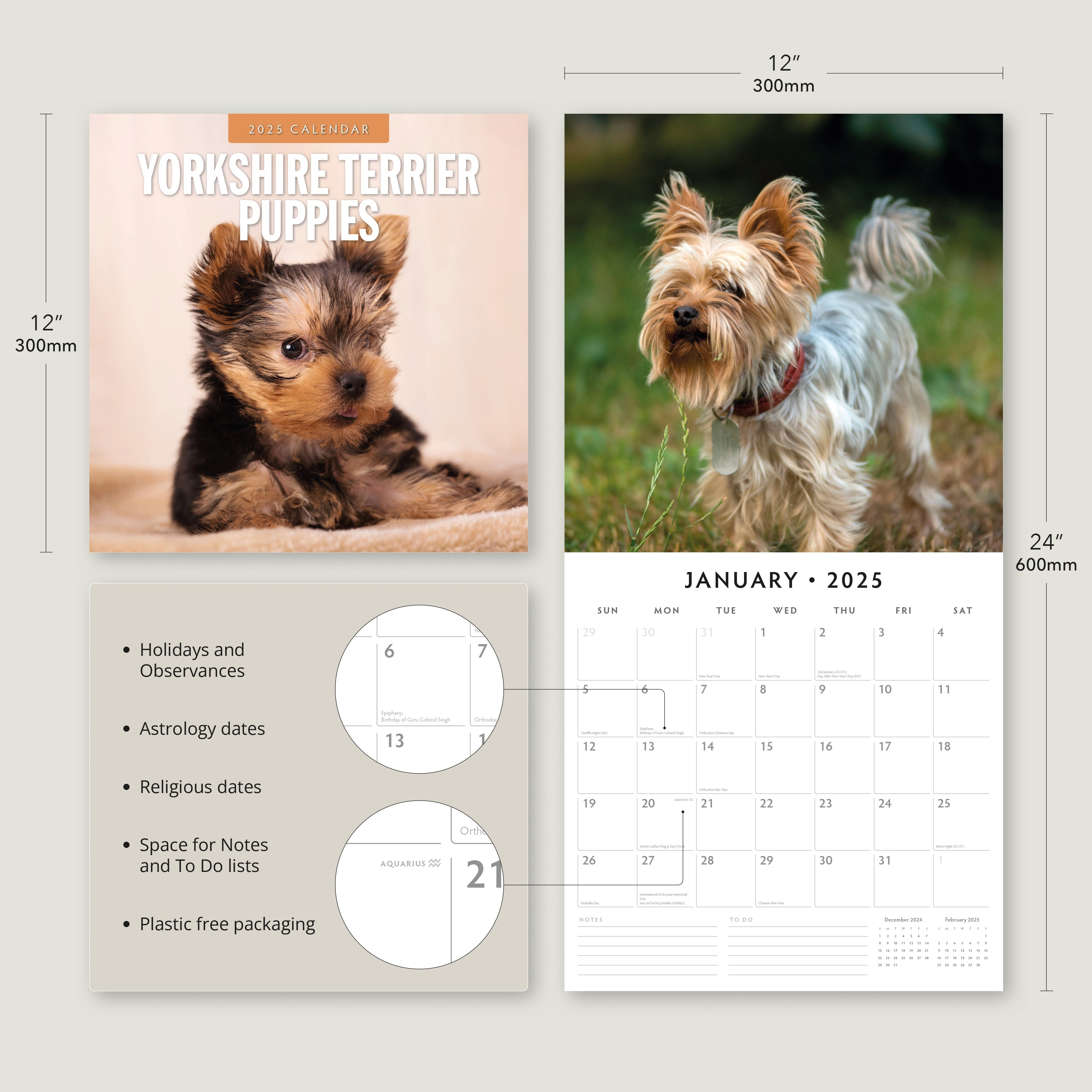 2025 Yorkshire Terrier Puppies - Square Wall Calendar