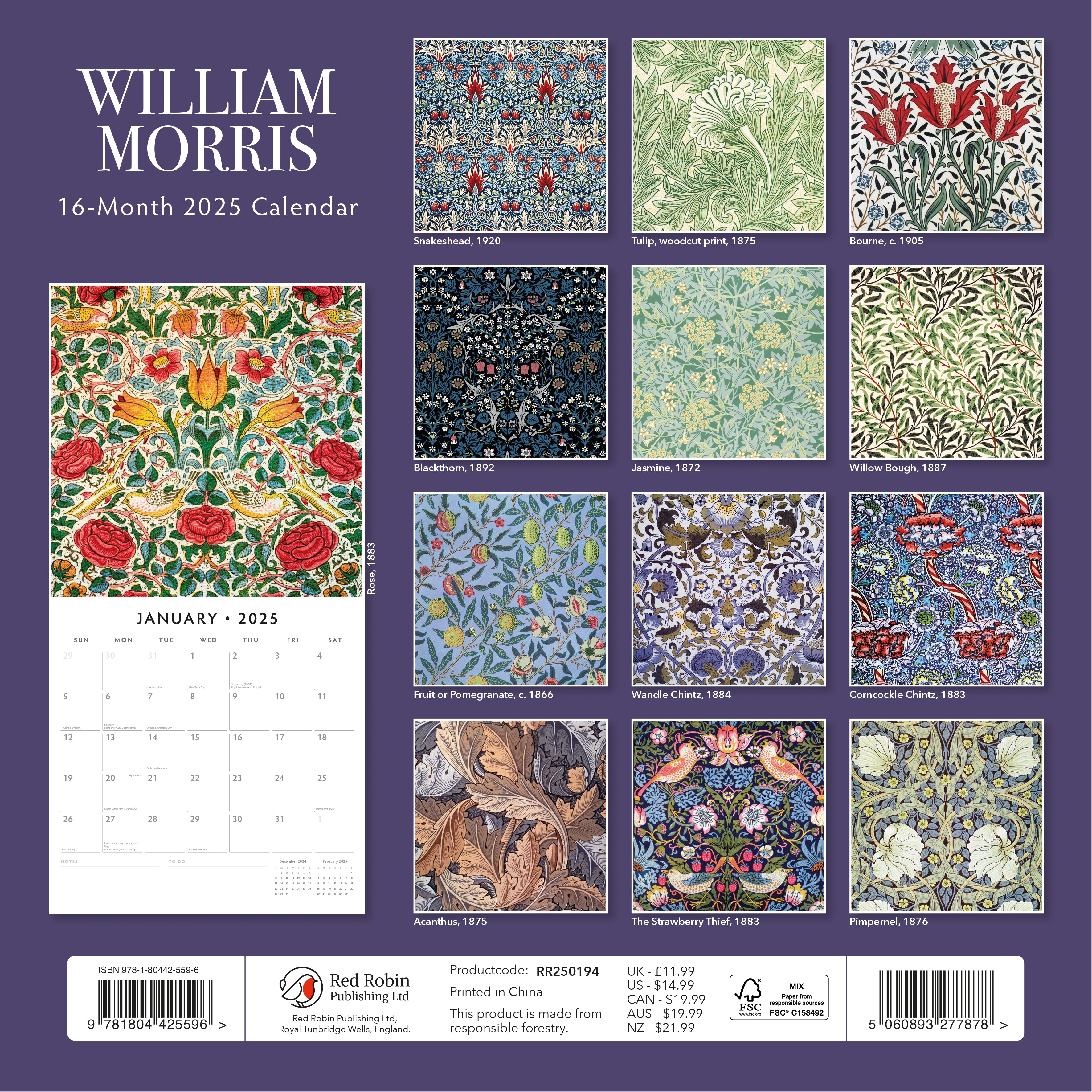 2025 William Morris - Square Wall Calendar