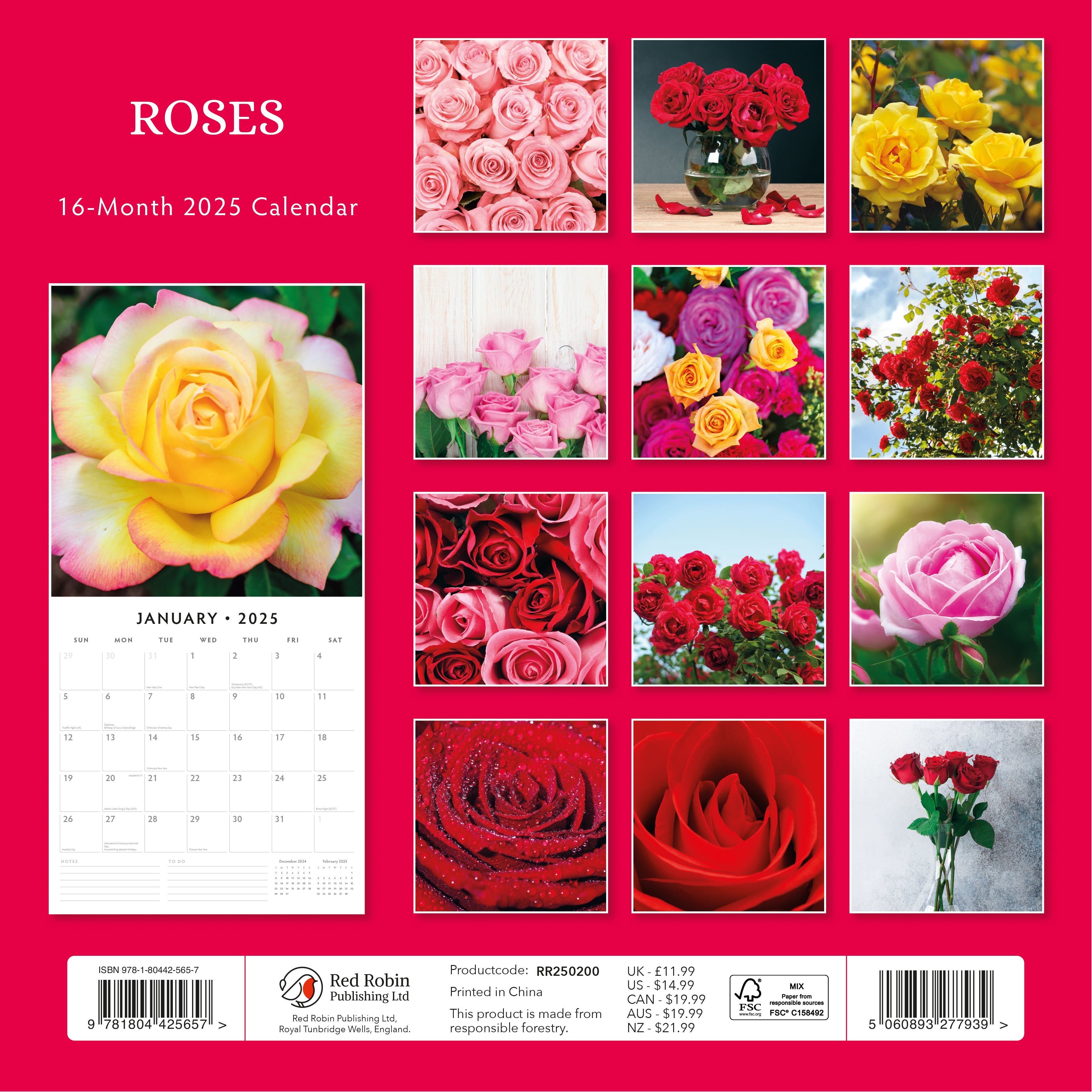 2025 Roses - Square Wall Calendar