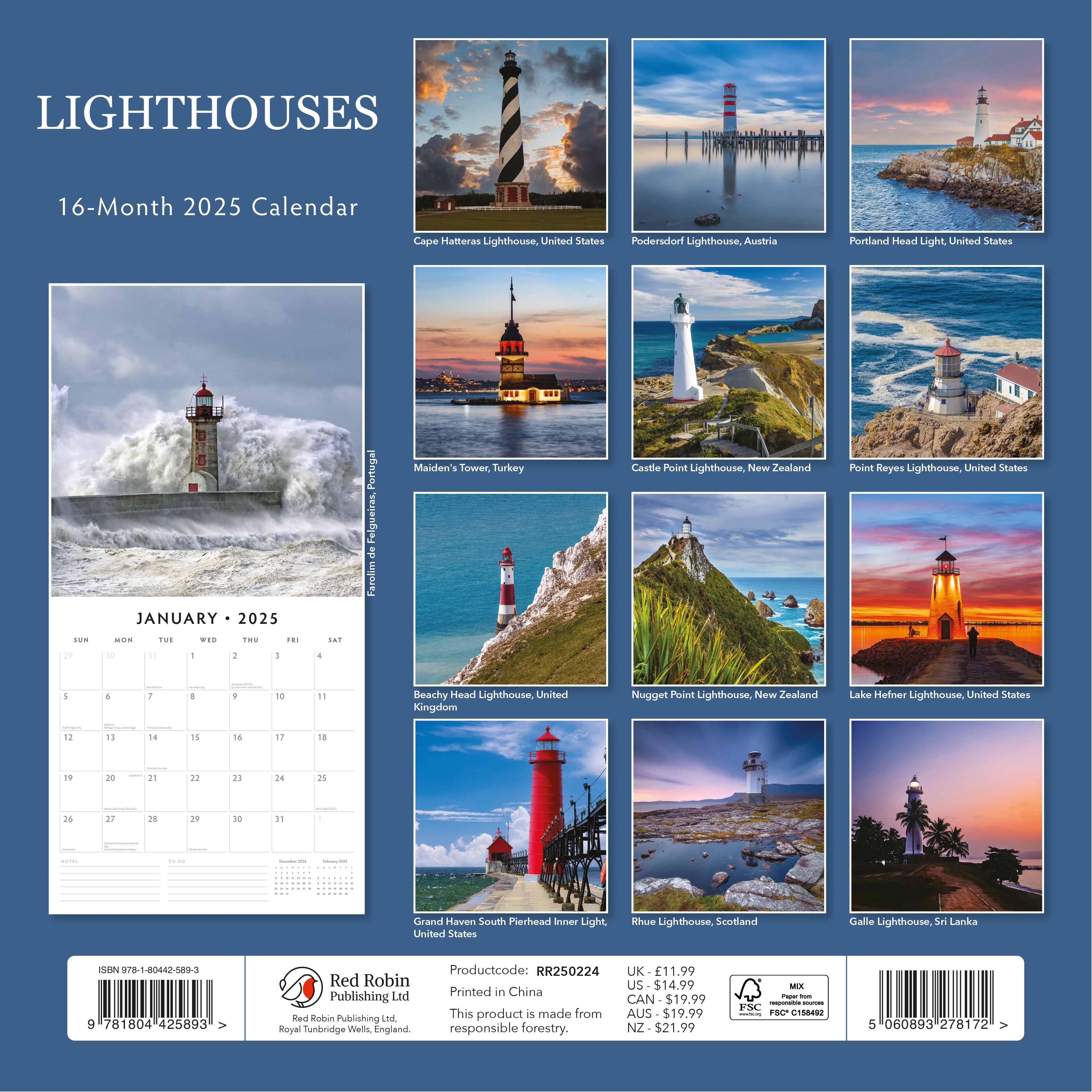 2025 Lighthouses - Square Wall Calendar