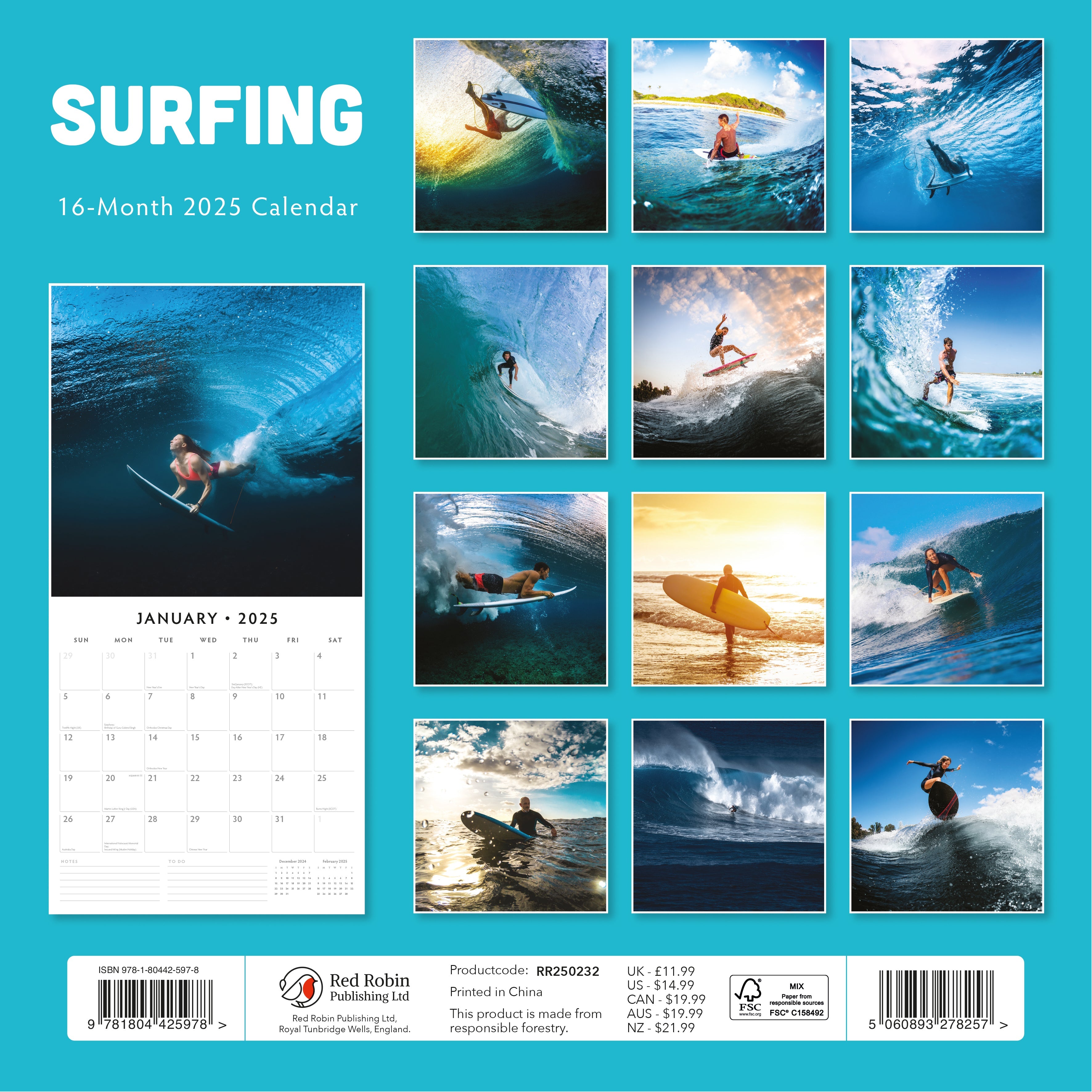 2025 Surfing - Square Wall Calendar