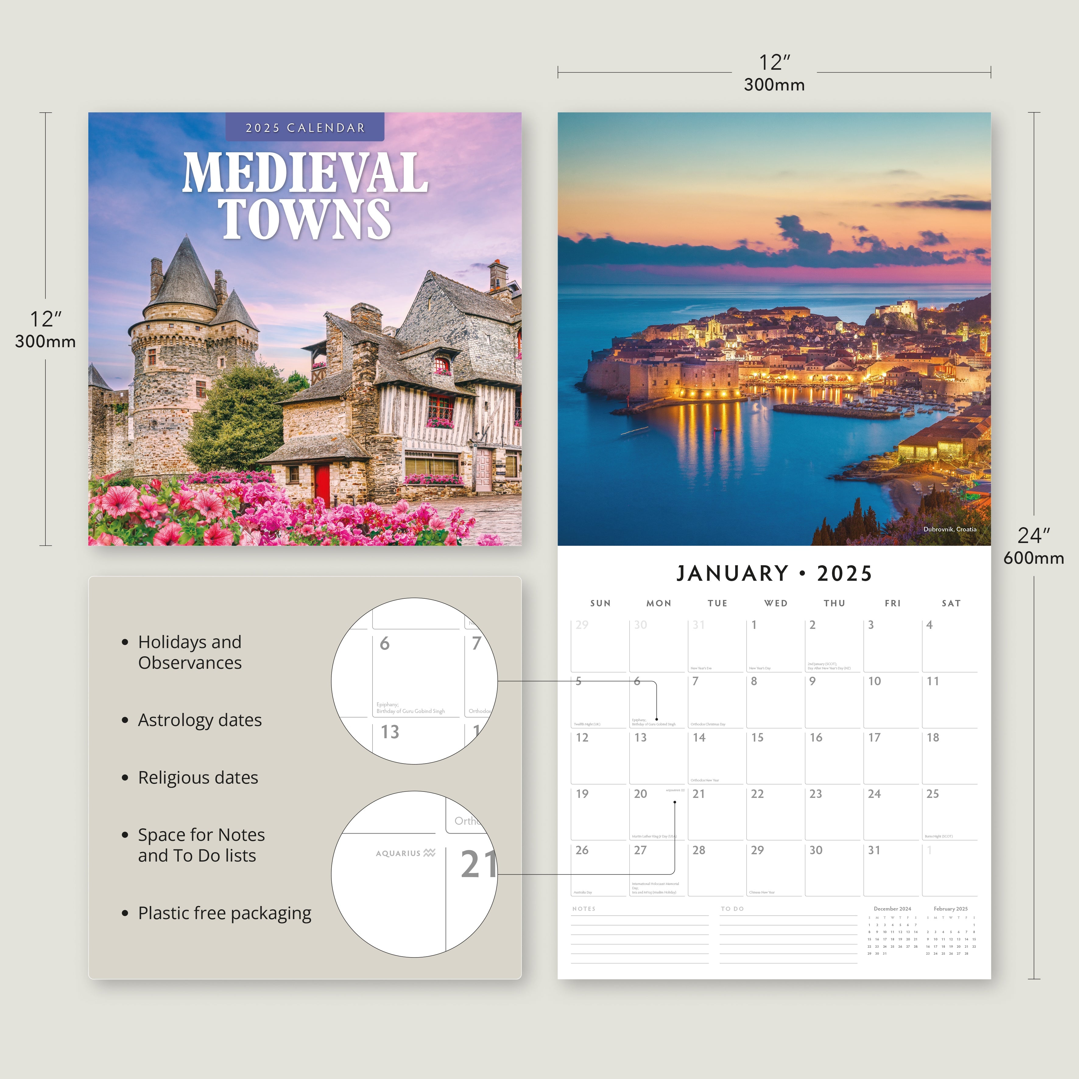 2025 Medieval Towns Square Wall Calendar