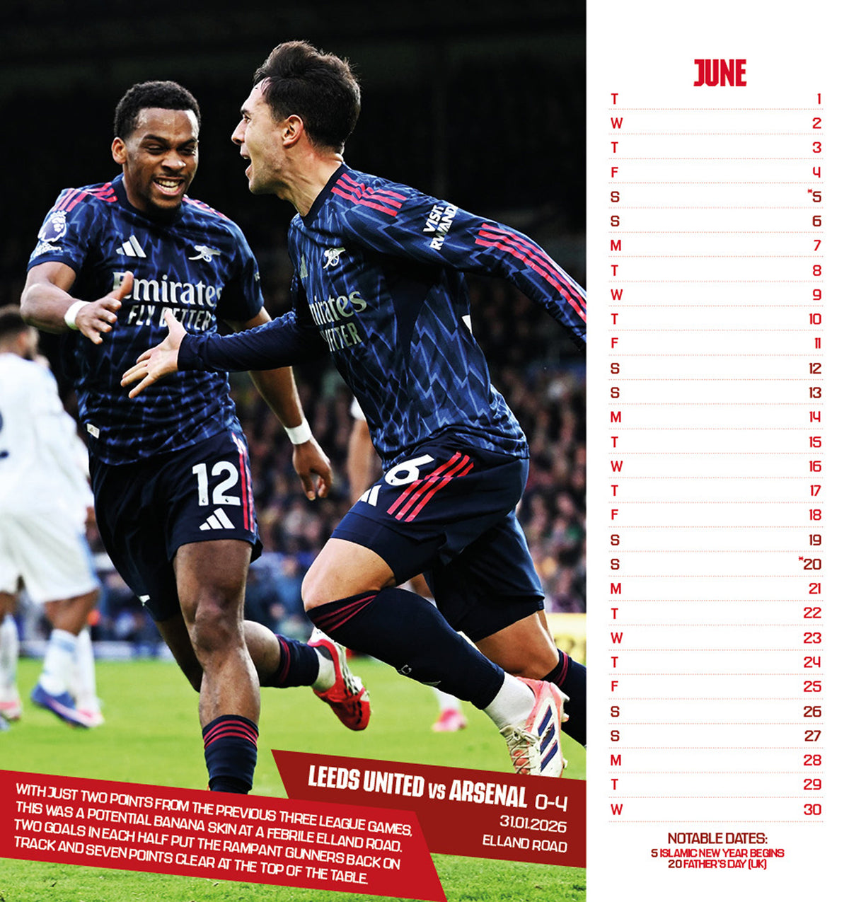 2027 Arsenal FC - Desk Easel Calendar — June interior