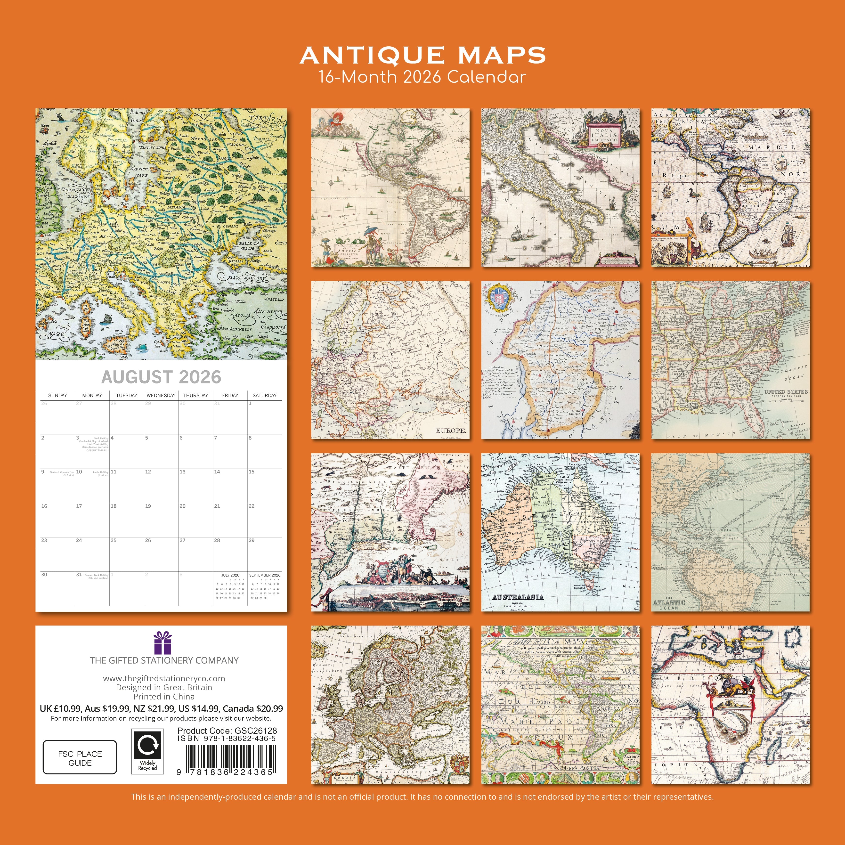 2026 Antique Maps - Square Wall Calendar
