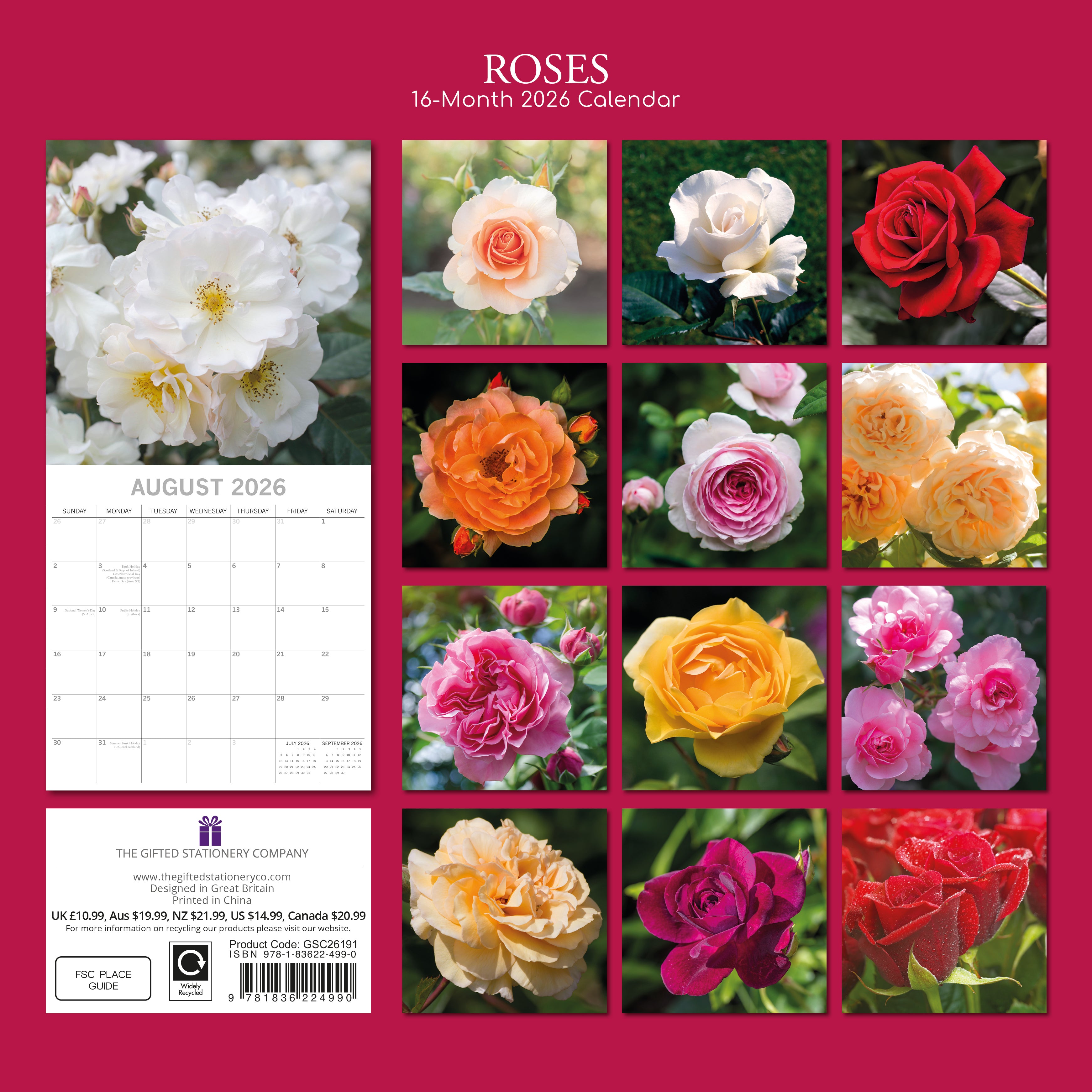 2026 Roses - Square Wall Calendar