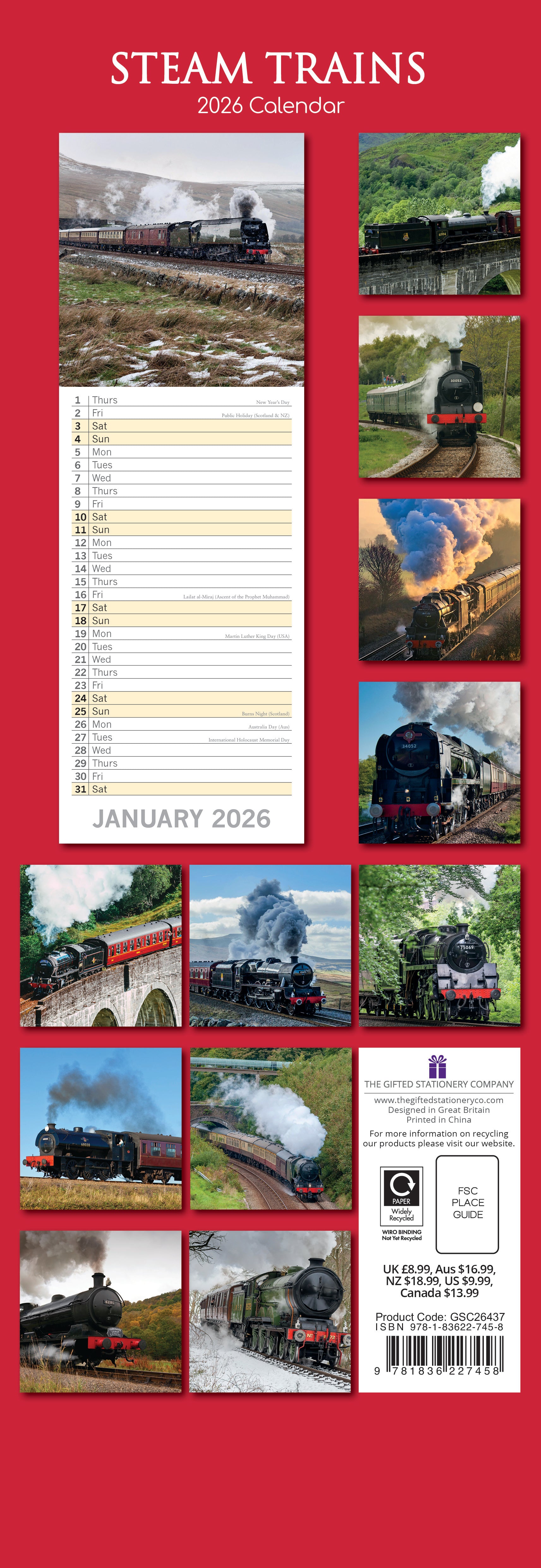 2026 Steam Trains - Slim Wall Calendar