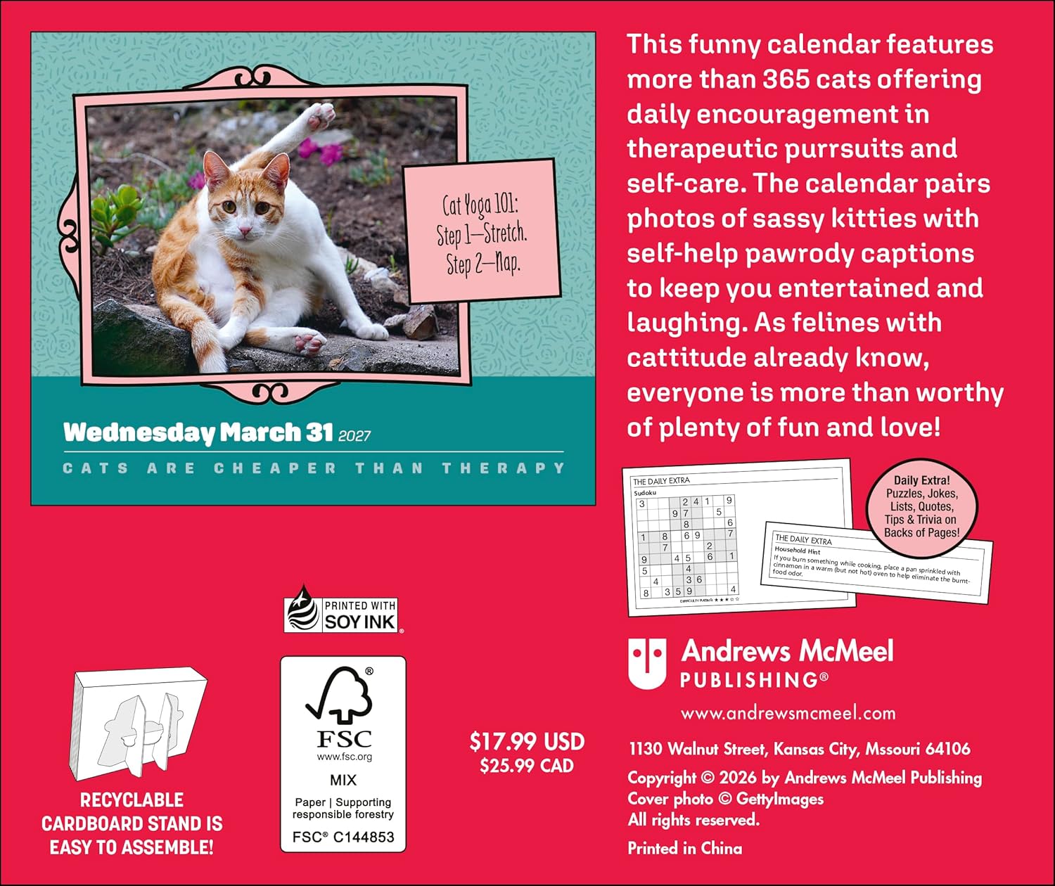 2027 Cats Are Cheaper Than Therapy - Square Wall Calendar
