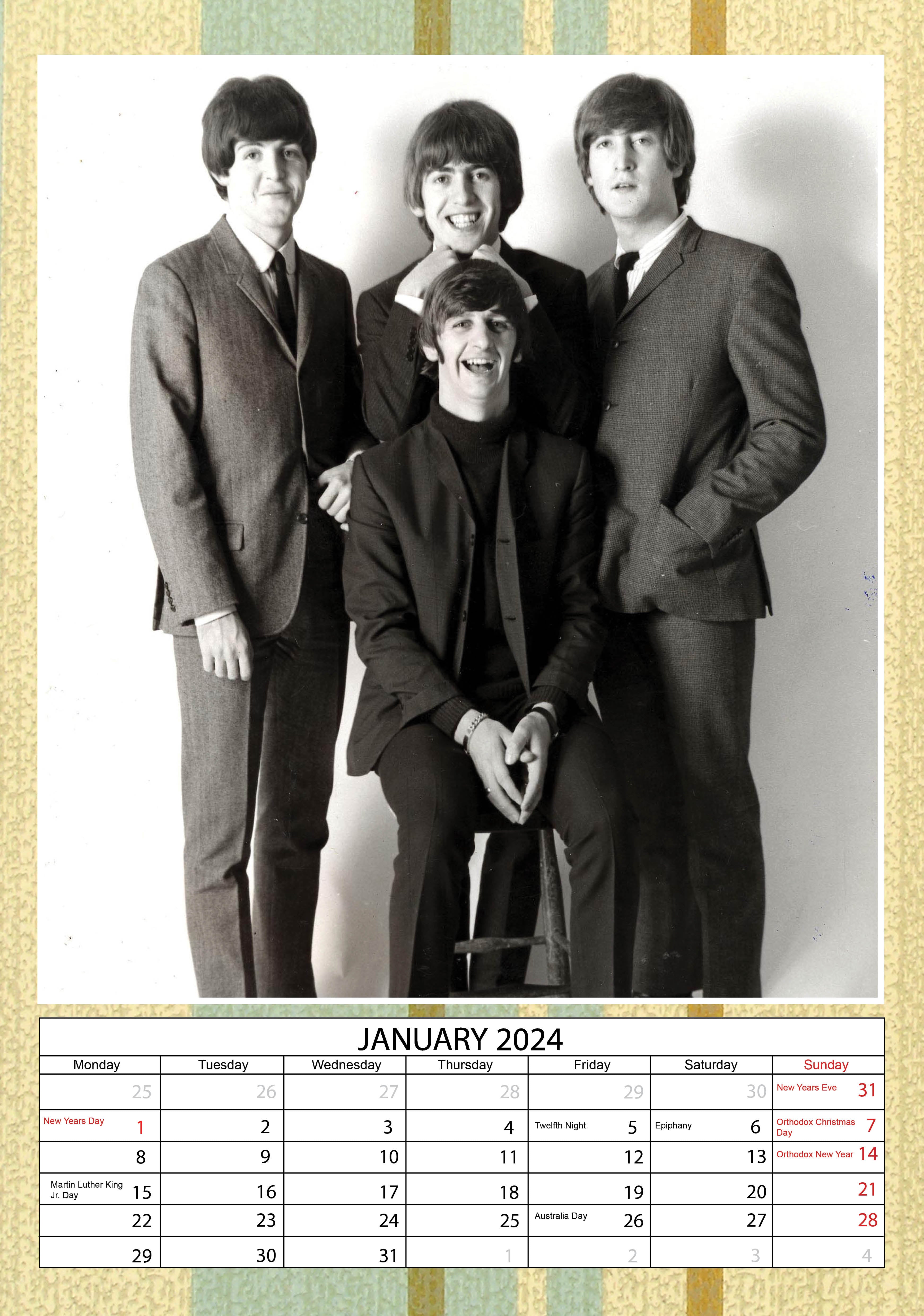 2024 Beatles (fab four) A3 Wall Calendar Music Celebrities