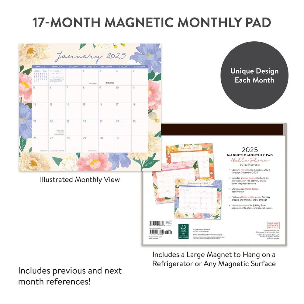 2025 Bella Flora - Monthly Magnetic Pad Calendar