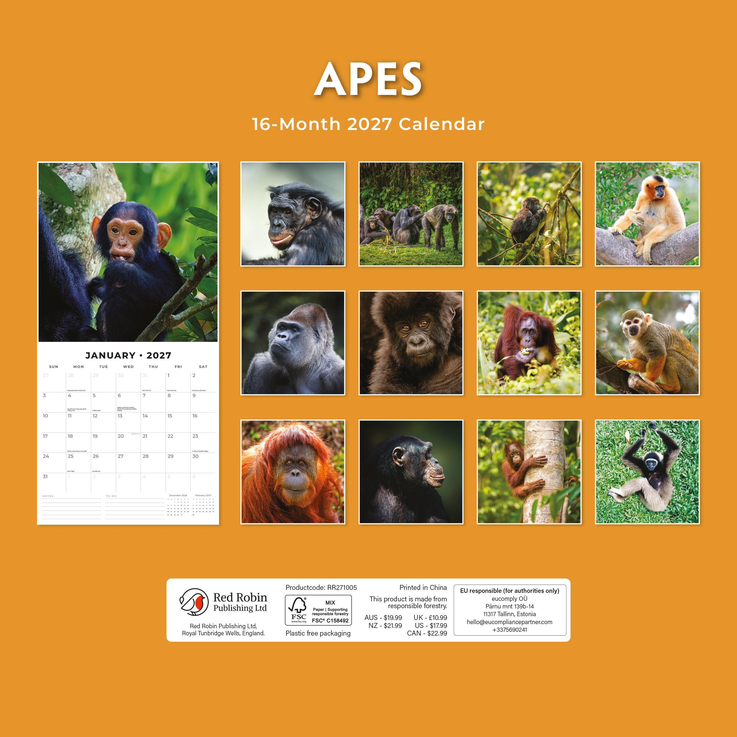 2027 Apes - Square Wall Calendar