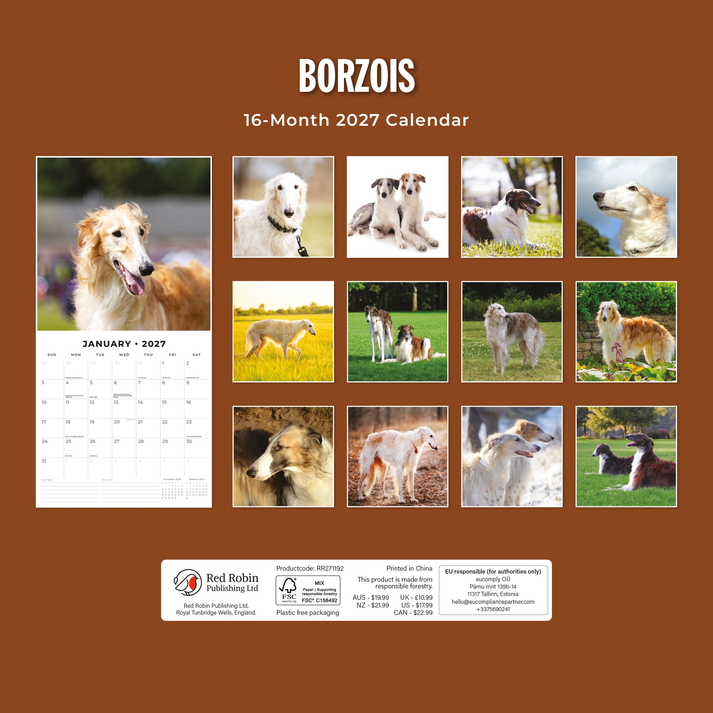 2027 Borzois - Square Wall Calendar