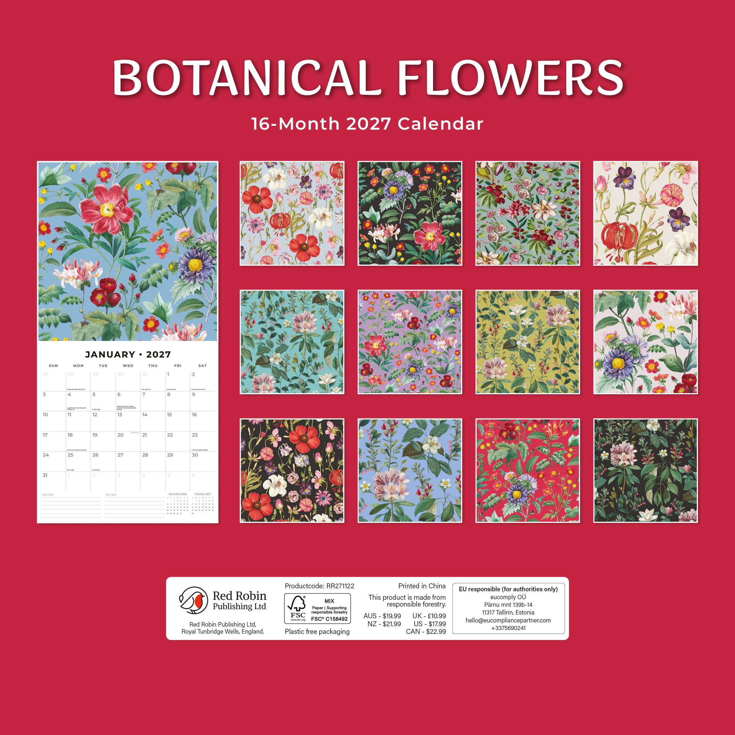 2027 Botanical Flowers - Square Wall Calendar