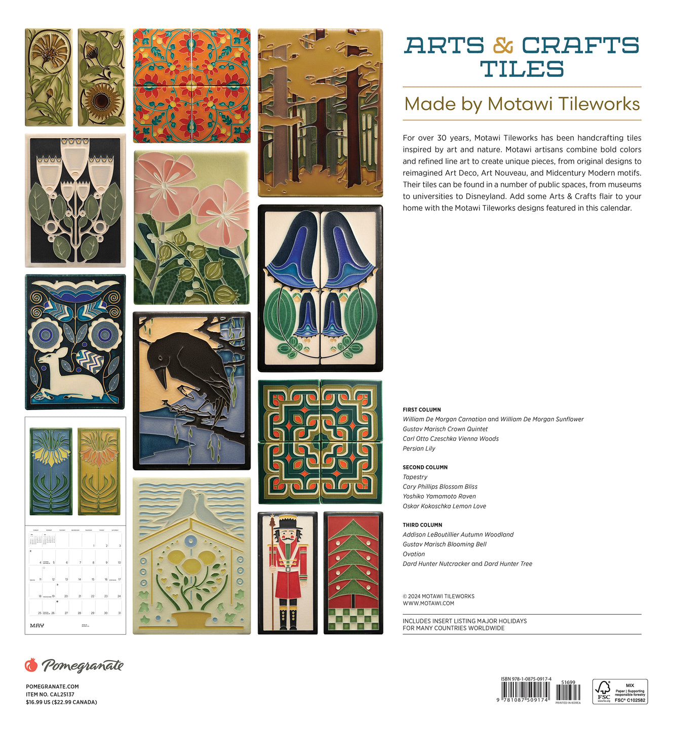 2025 Arts & Crafts Tiles: Made By Motawi Tileworks - Square Wall Calendar