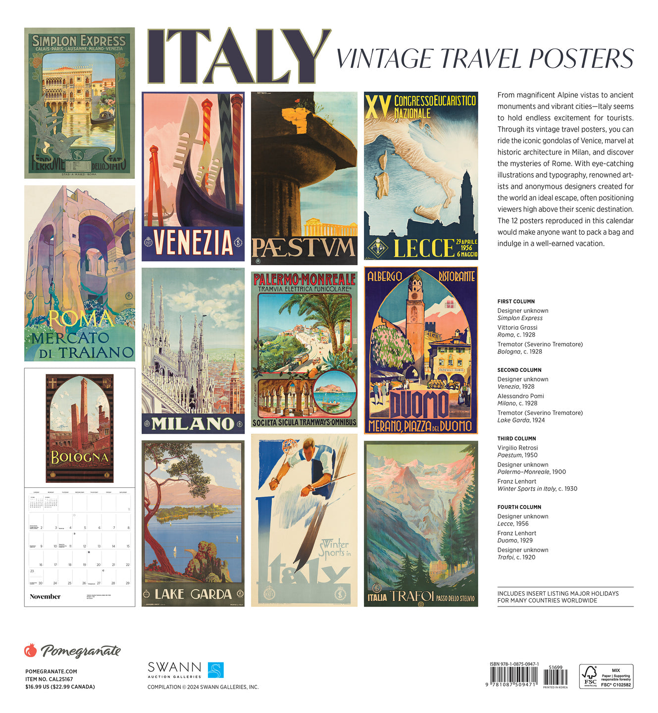 2025 Italy: Vintage Travel Posters - Square Wall Calendar