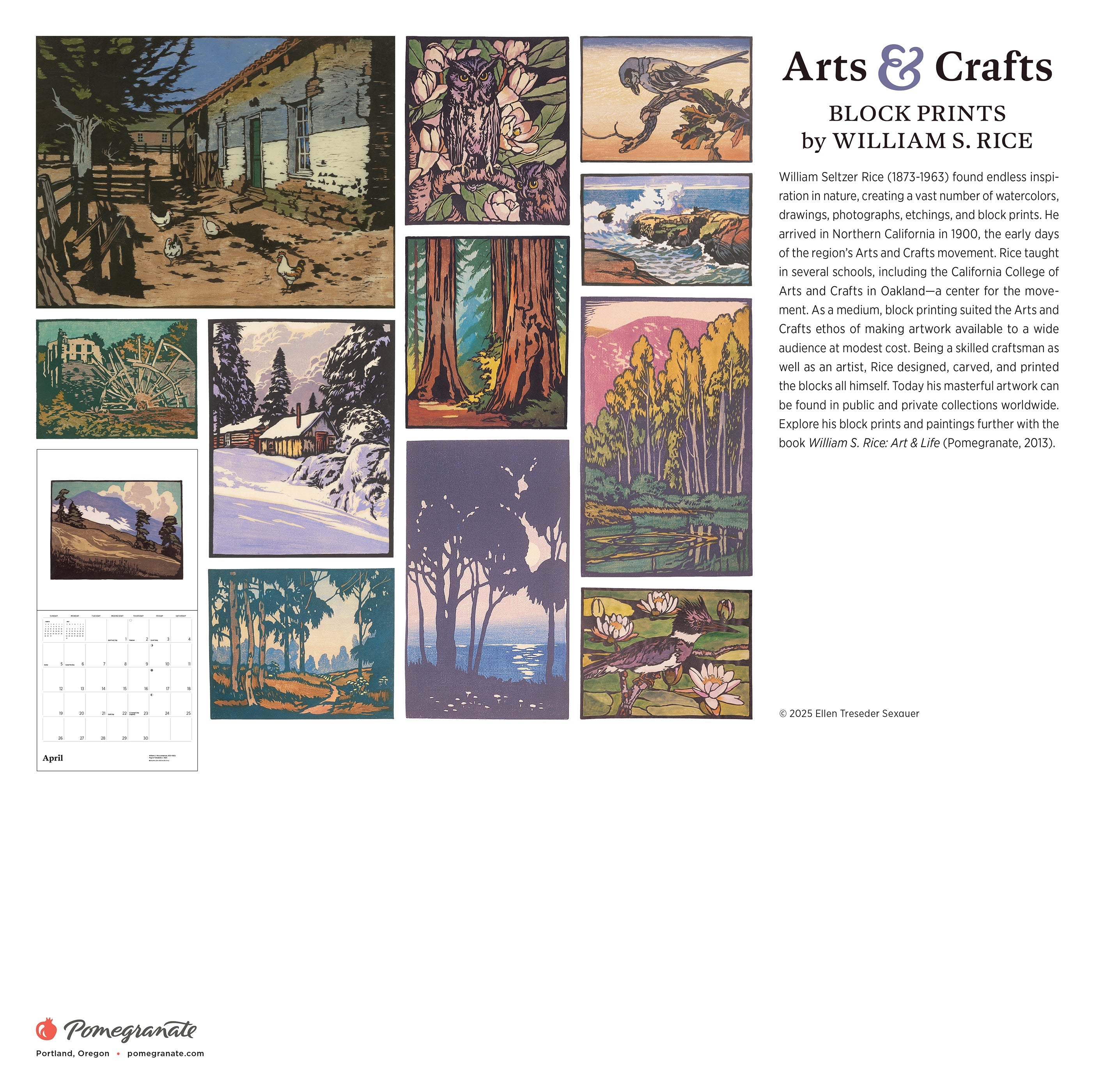 2026 Arts & Crafts Block Prints by William S. Rice - Square Wall Calendar