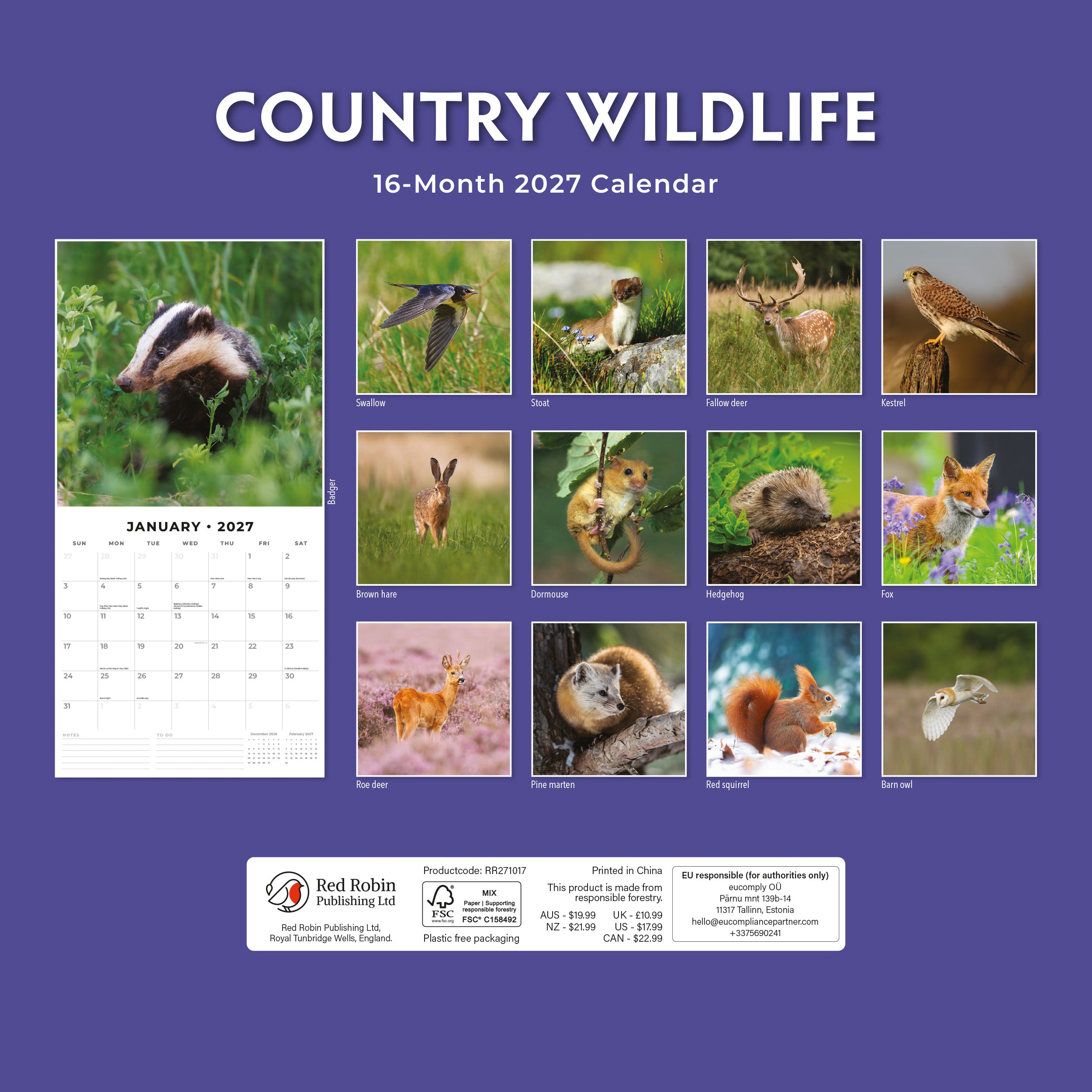 2027 Country Wildlife - Square Wall Calendar