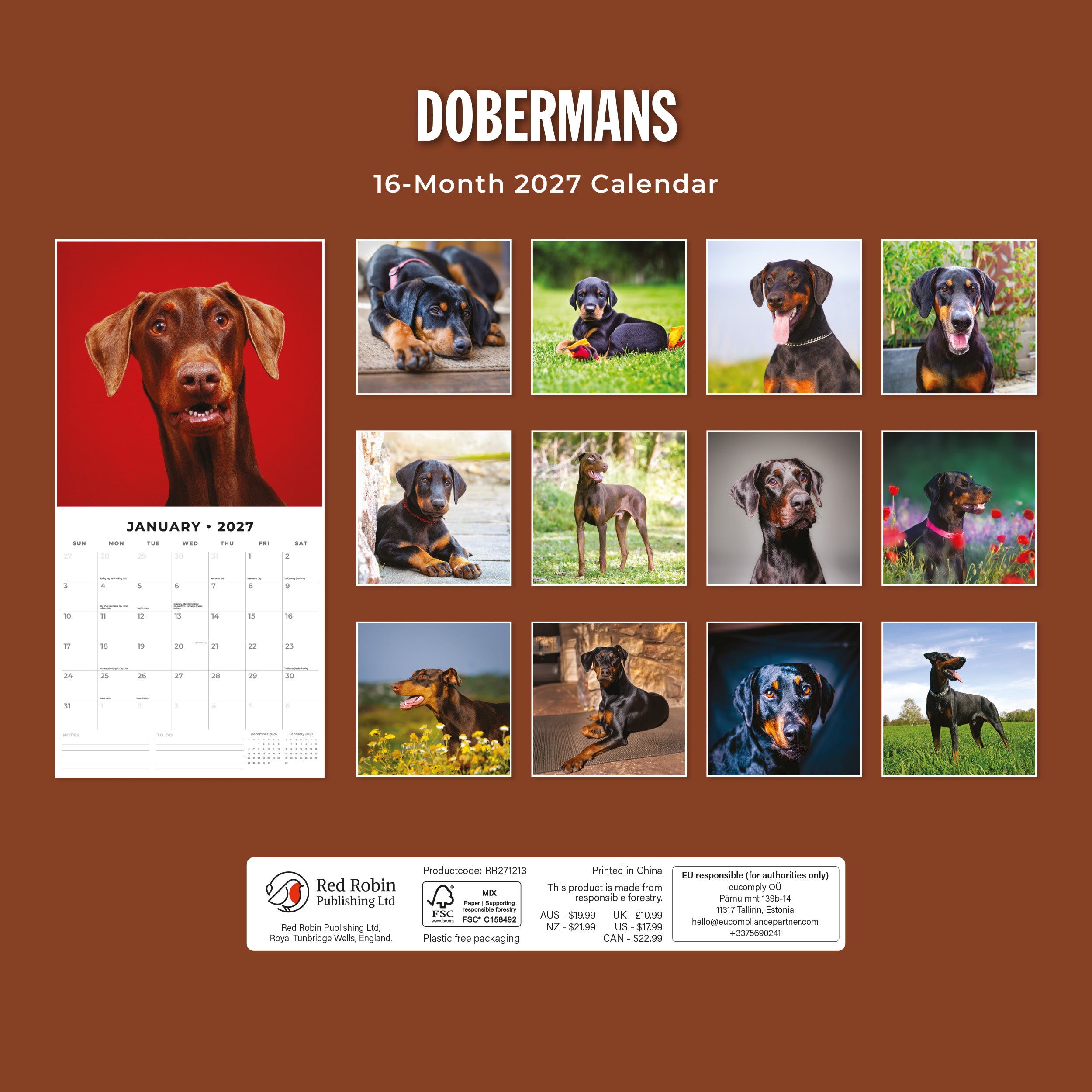 2027 Dobermans - Square Wall Calendar