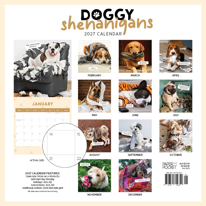 2027 Doggy Shennanigans - Square Wall Calendar