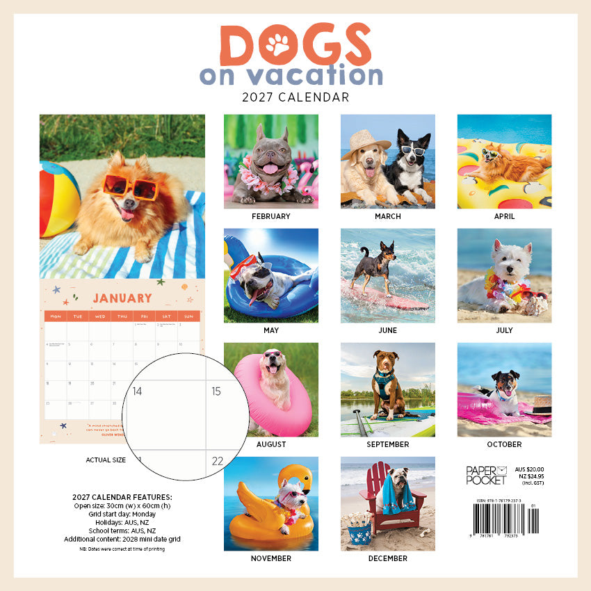 2027 Dogs On Vacation - Square Wall Calendar