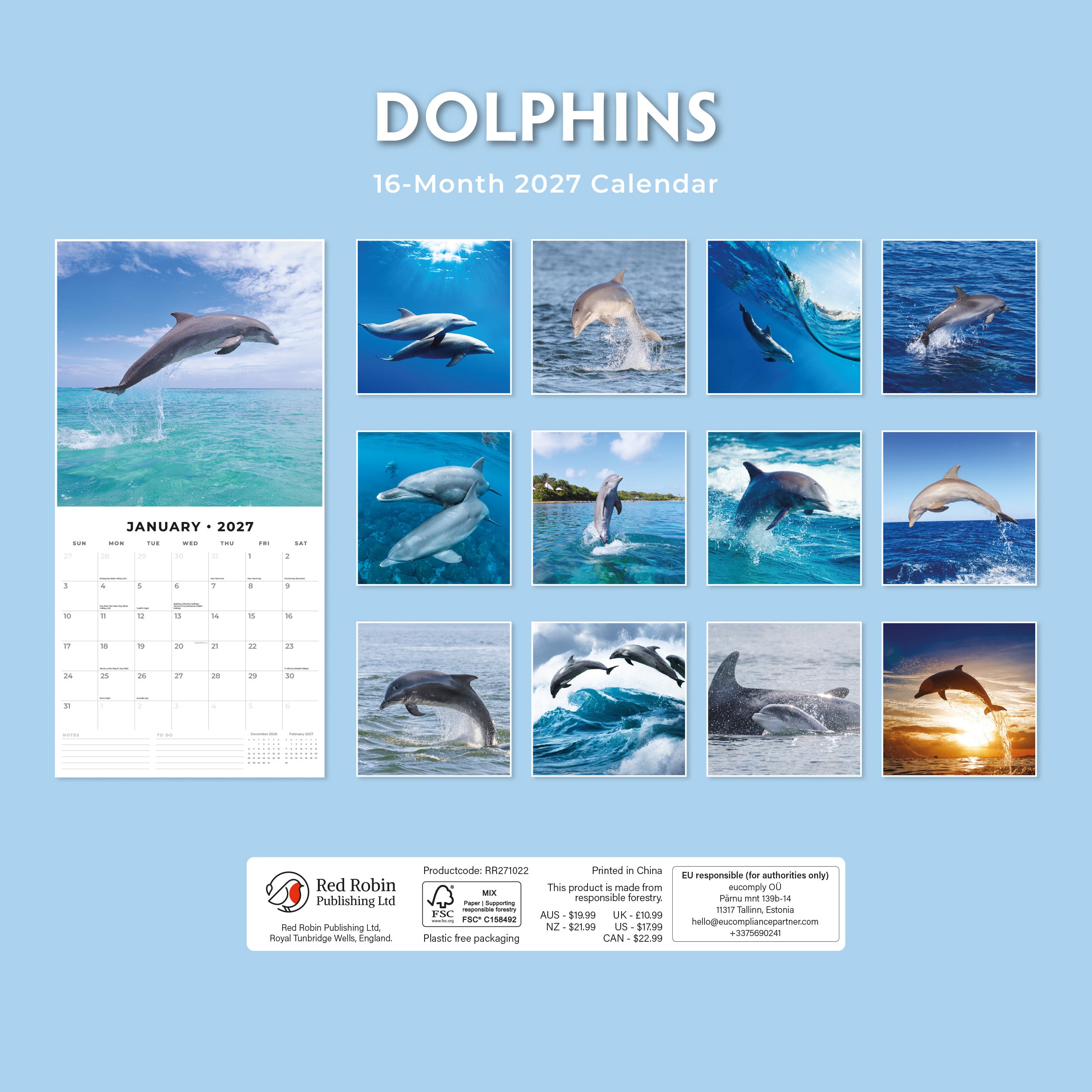 2027 Dolphins - Square Wall Calendar