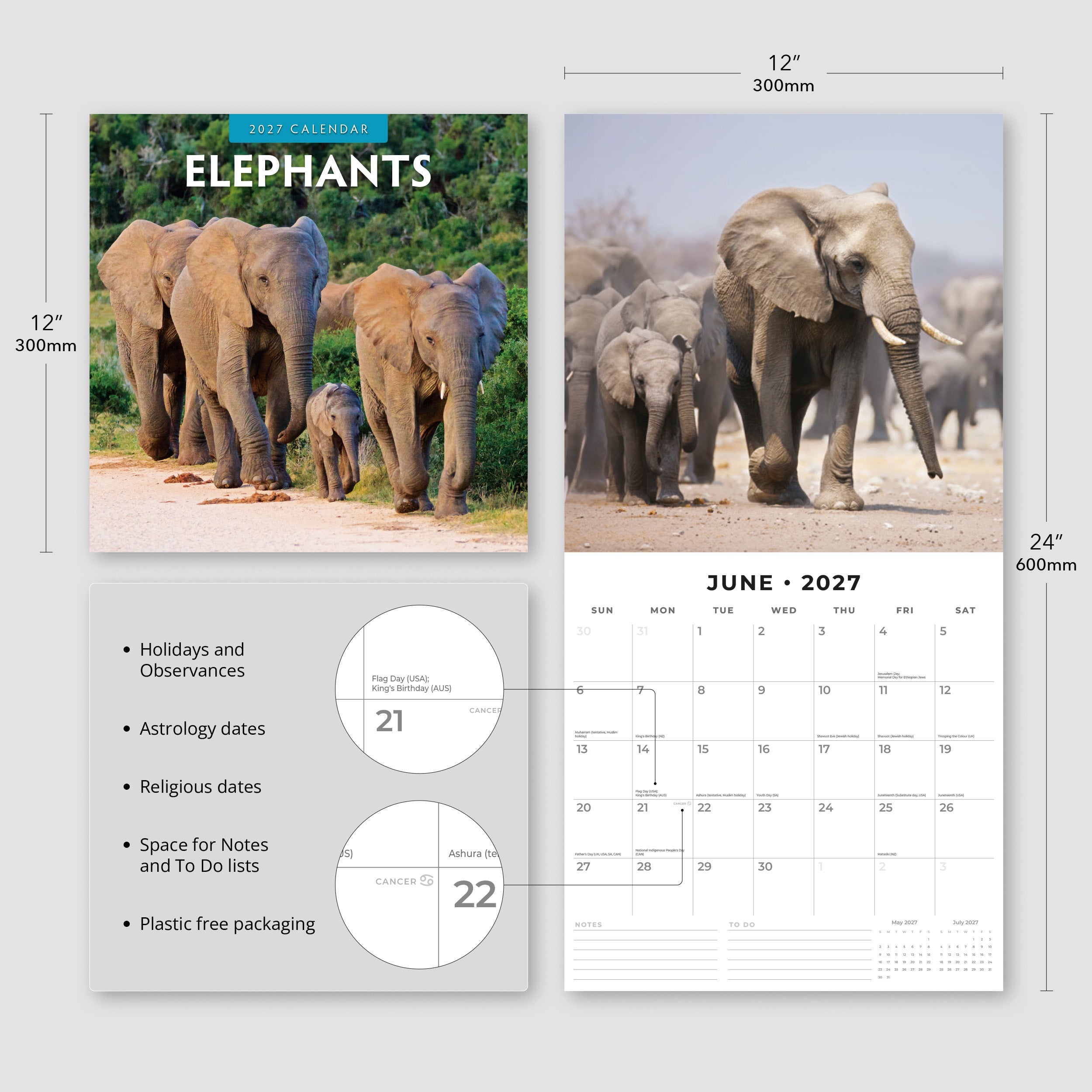 2027 Elephants - Square Wall Calendar