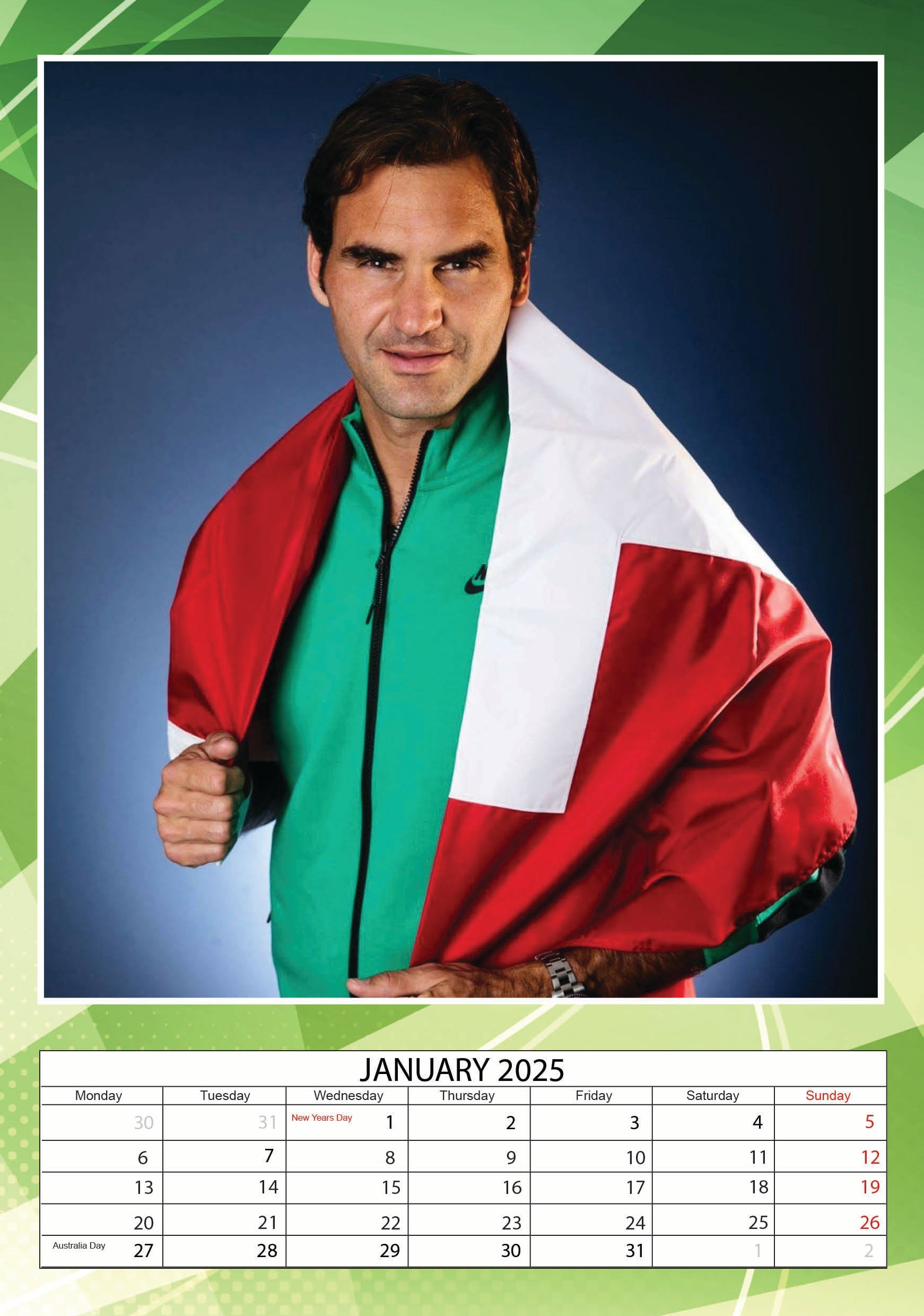 2025 Roger Federer - A3 Wall Calendar