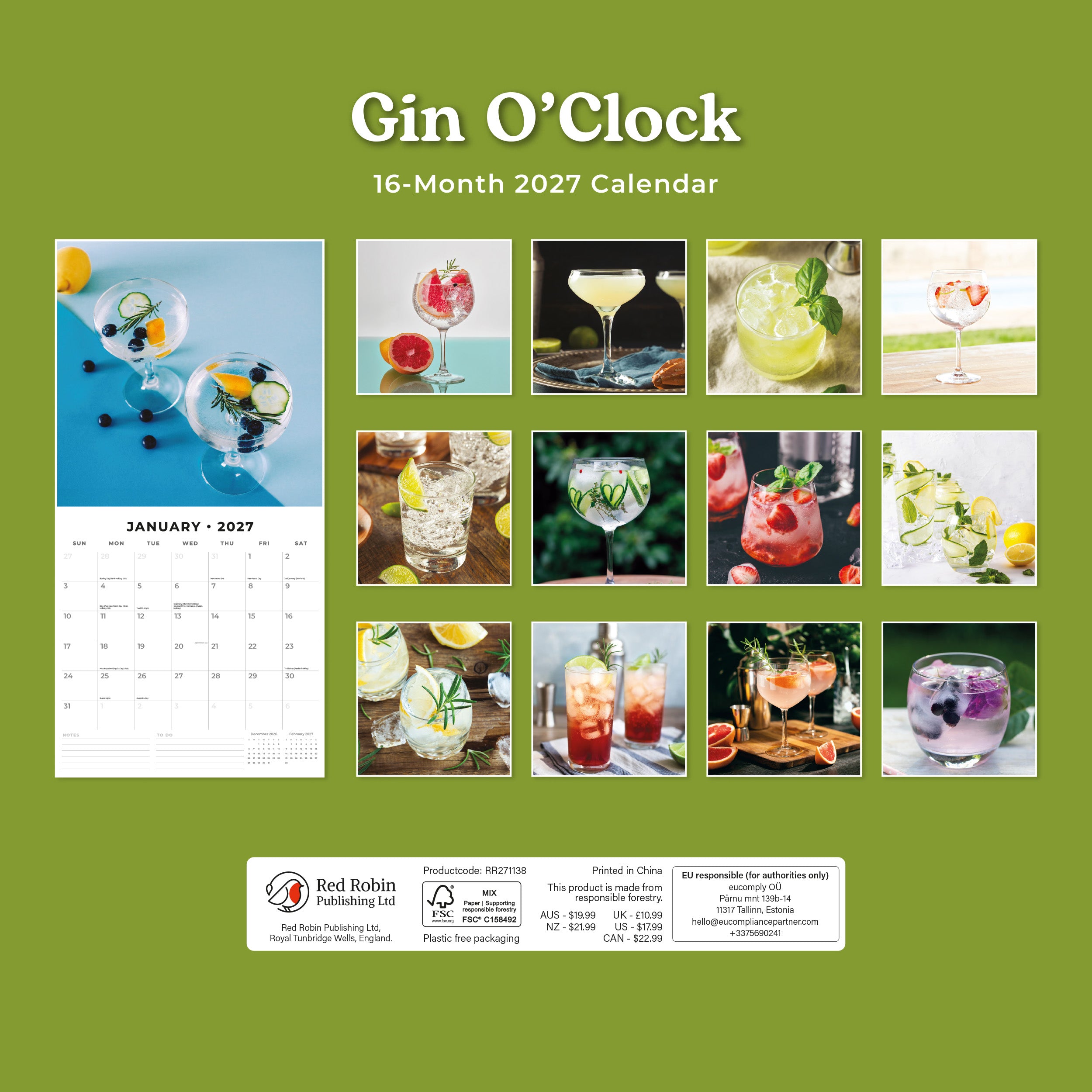 2027 Gin O'clock - Square Wall Calendar