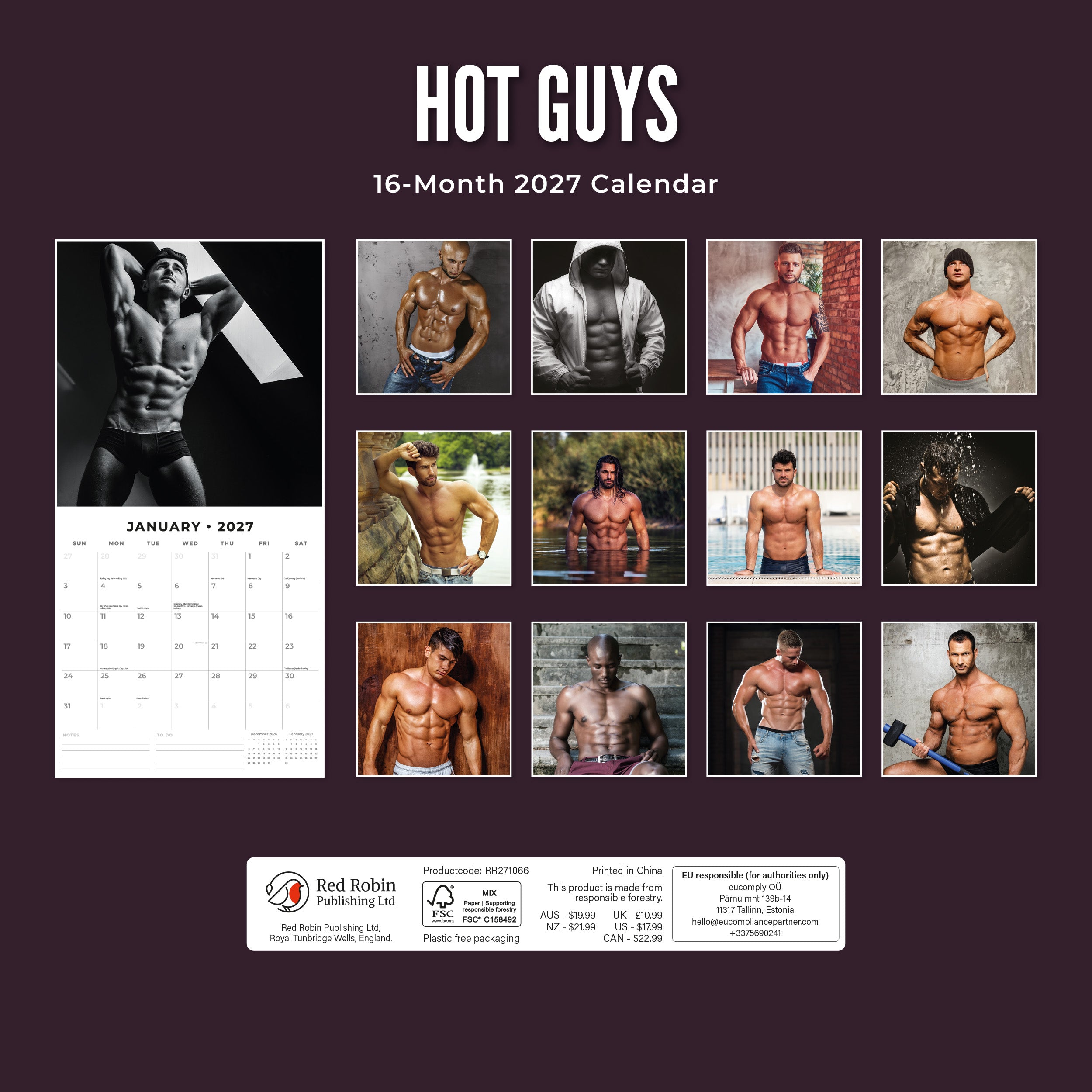 2027 Hot Guys - Square Wall Calendar