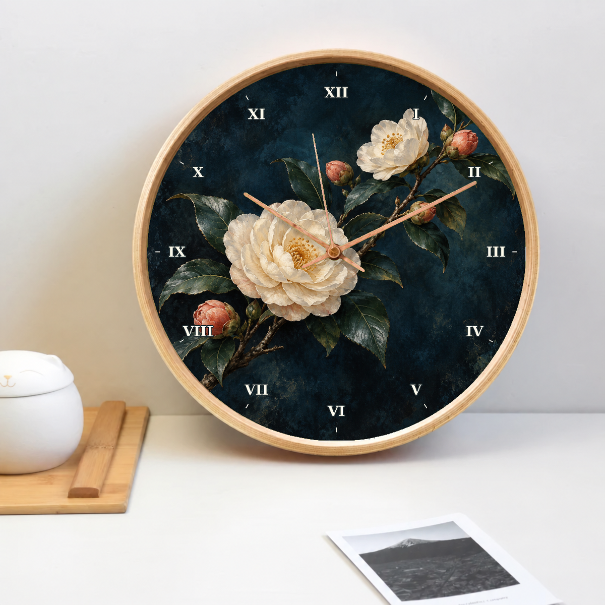 IMAGE_02_Tabletop_-_Dark_Camellia_Floral_Wall_Clock_30cm_Wooden_Frame_-_WC-F015_-_649310203635.png