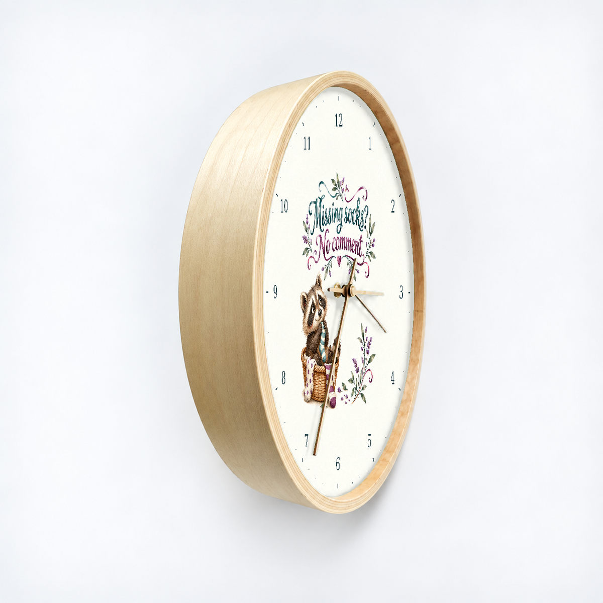 IMAGE_03_Angled_-_Funny_Sock_Raccoon_Wall_Clock_30cm_Wooden_Frame_-_WC-H075_-_649310204236.png