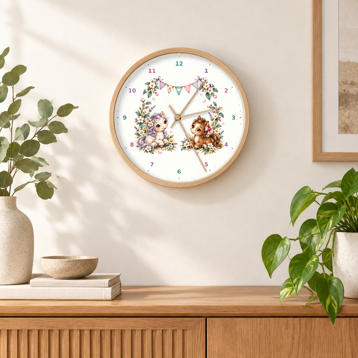 IMAGE_04_Wall_-_Kids_Pony_Flowers_Wall_Clock_30cm_Wooden_Frame_-_WC-K109_-_649310204571.png