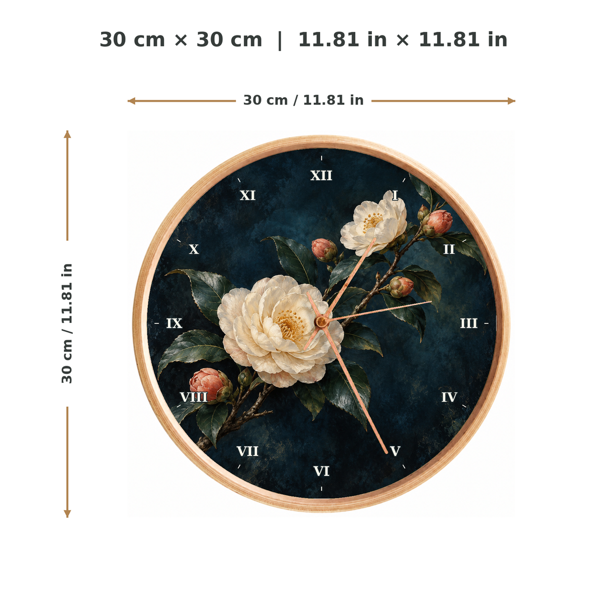 IMAGE_05_Measurements_-_Dark_Camellia_Floral_Wall_Clock_30cm_Wooden_Frame_-_WC-F015_-_649310203635.png