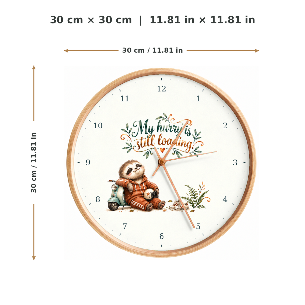 IMAGE_05_Measurements_-_Funny_Sloth_Scooter_Wall_Clock_30cm_Wooden_Frame_-_WC-H056_-_649310204045.png