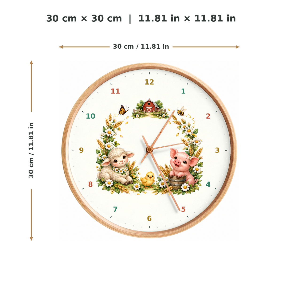 IMAGE_05_Measurements_-_Kids_Farm_Animals_Wall_Clock_30cm_Wooden_Frame_-_WC-K092_-_649310204403.png