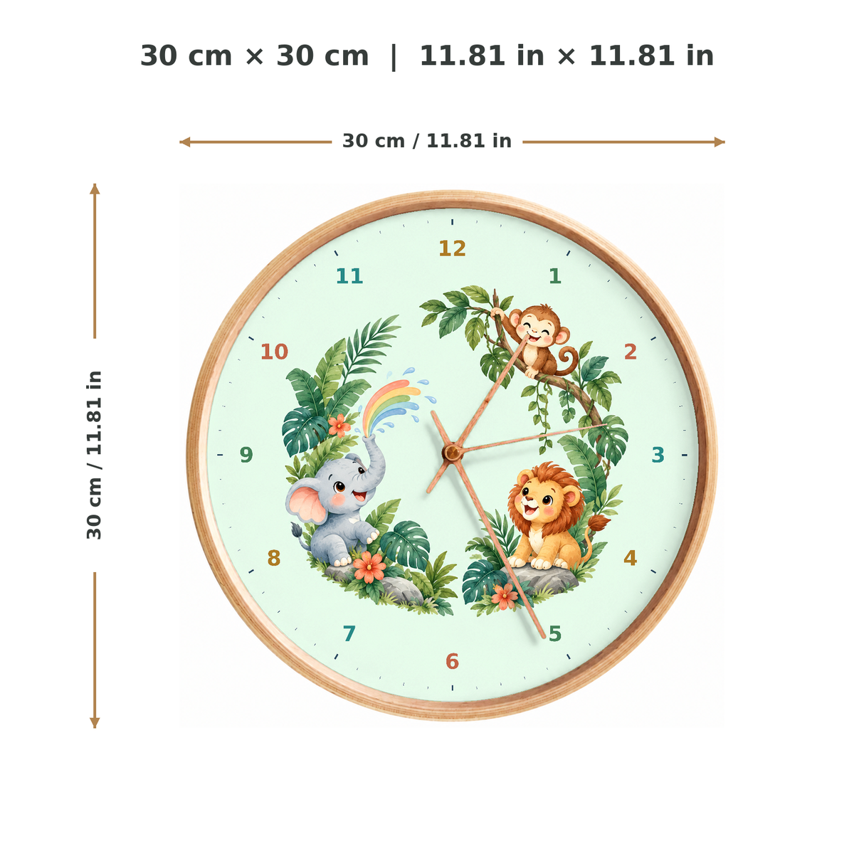 IMAGE_05_Measurements_-_Kids_Jungle_Animals_Wall_Clock_30cm_Wooden_Frame_-_WC-K108_-_649310204564.png