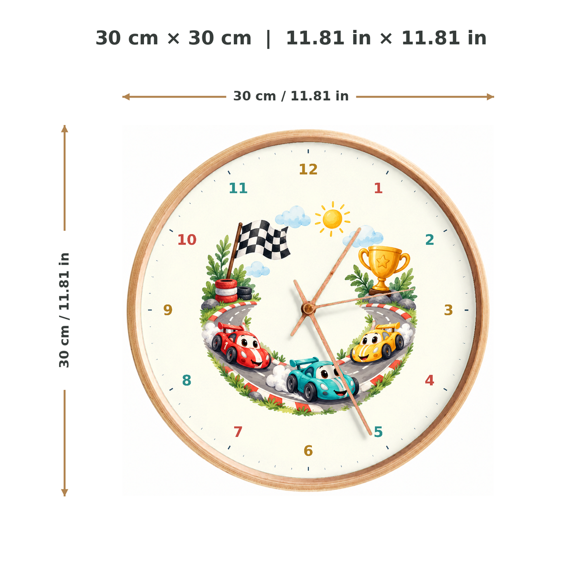 IMAGE_05_Measurements_-_Kids_Racing_Cars_Wall_Clock_30cm_Wooden_Frame_-_WC-K099_-_649310204472.png
