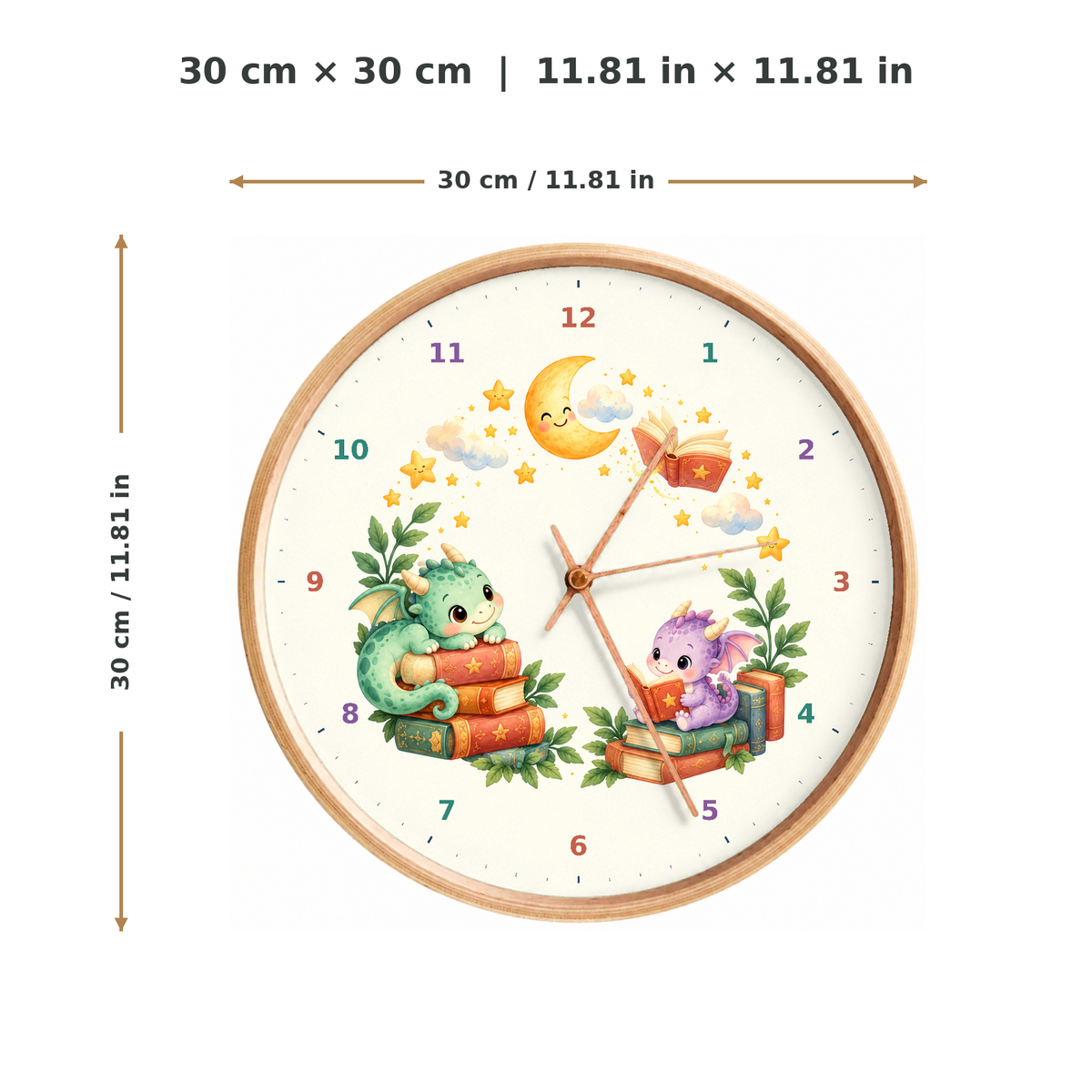IMAGE_05_Measurements_-_Kids_Reading_Dragons_Wall_Clock_30cm_Wooden_Frame_-_WC-K105_-_649310204533.png