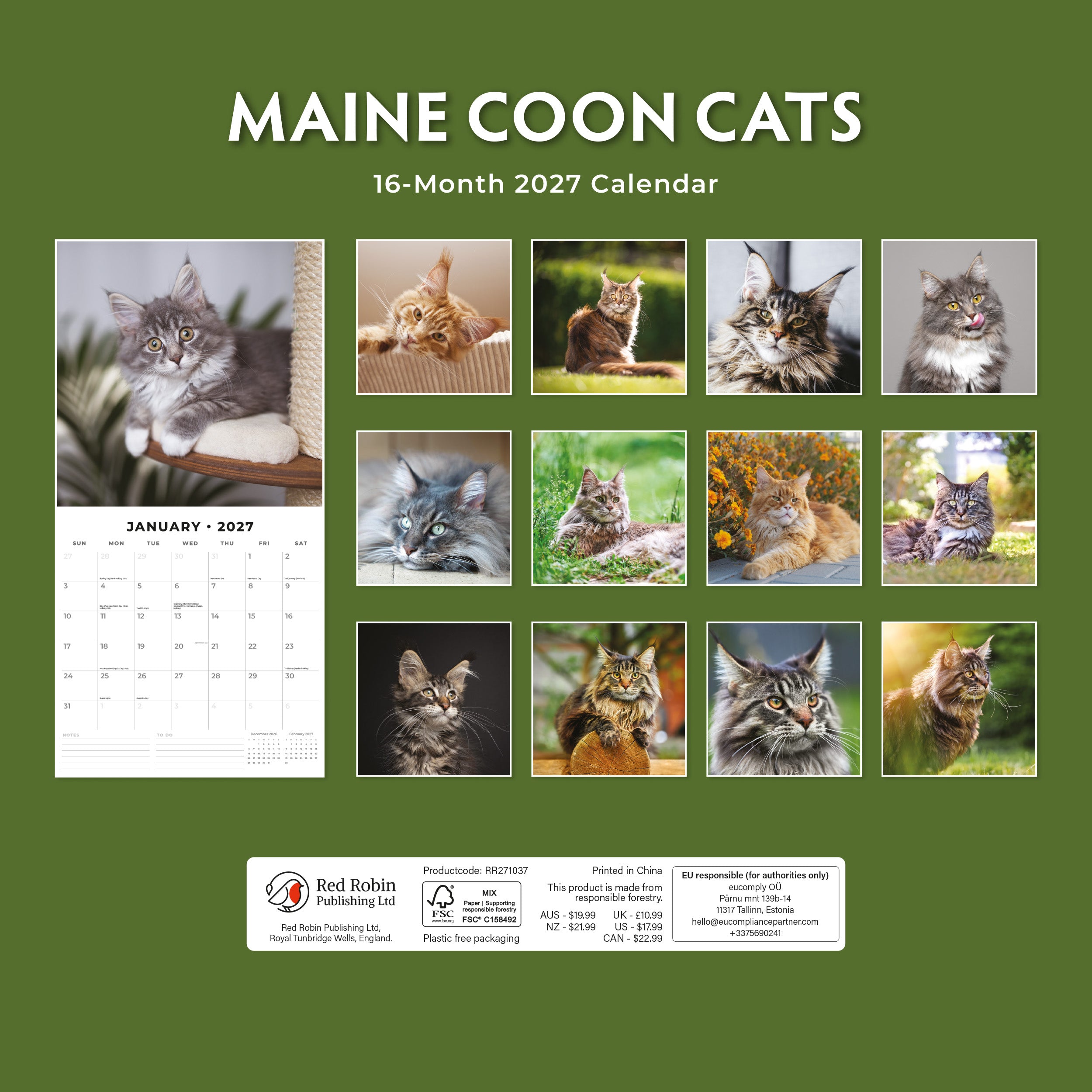 2027 Maine Coon Cats - Square Wall Calendar