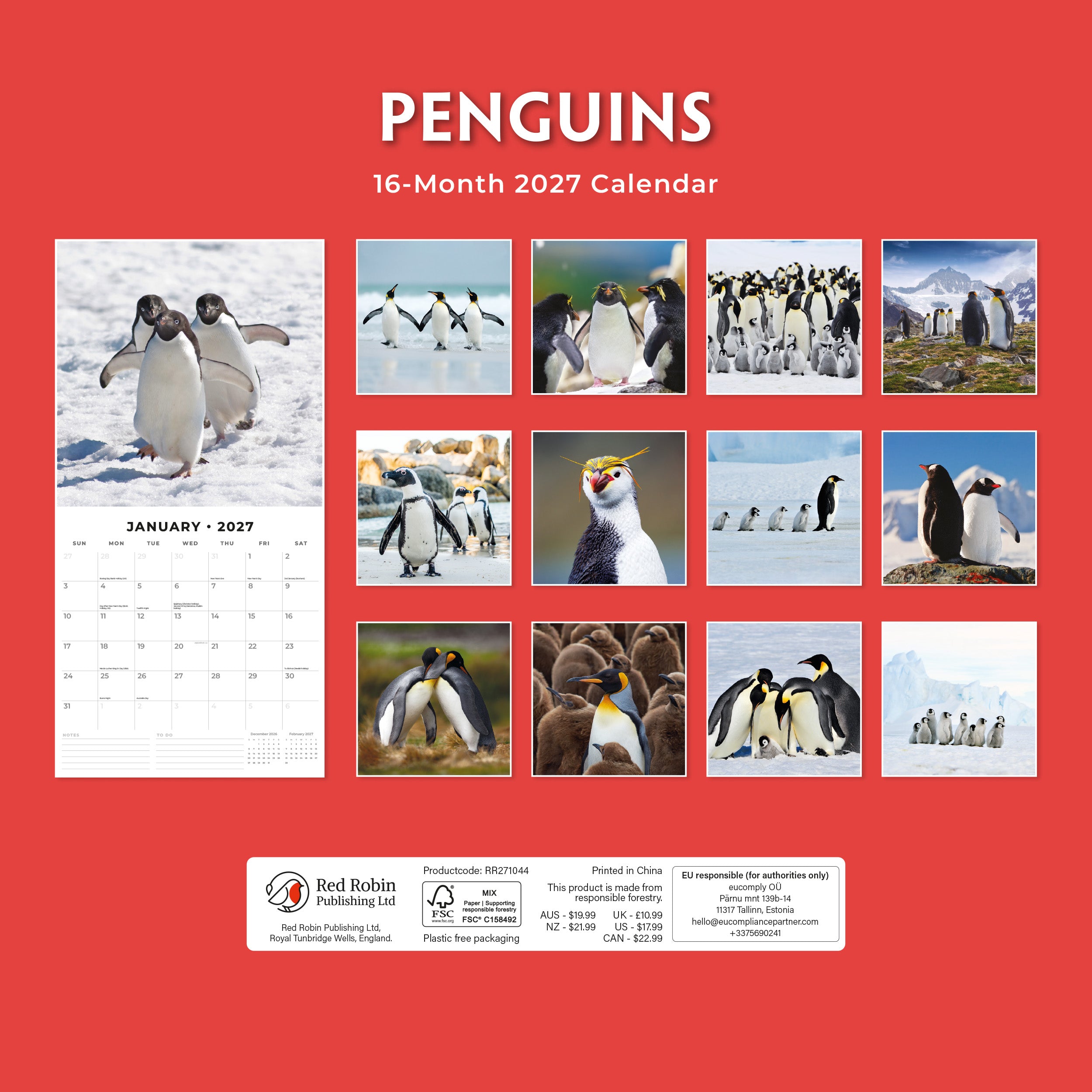 2027 Penguins - Square Wall Calendar