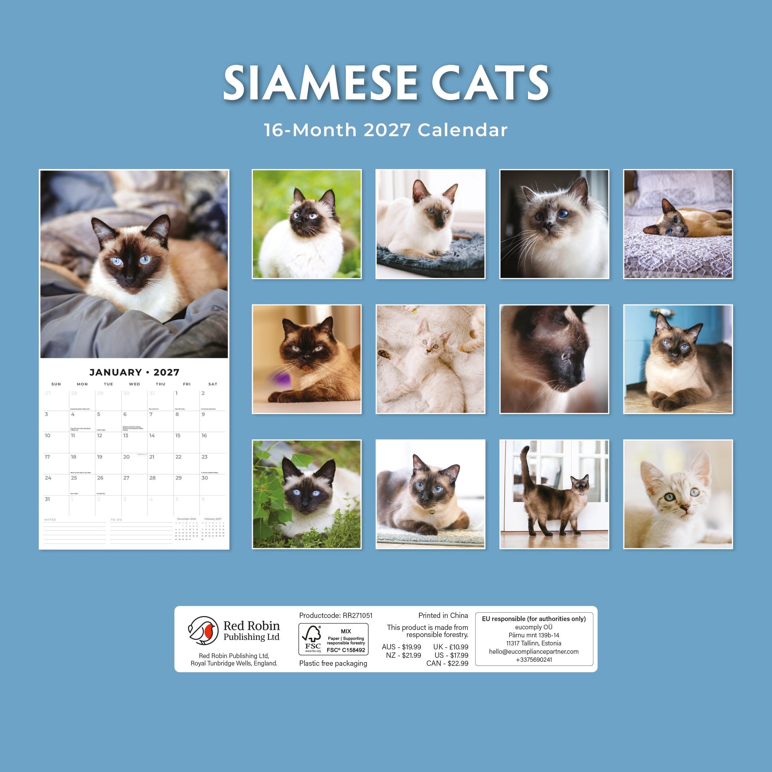 2027 Siamese Cats - Square Wall Calendar
